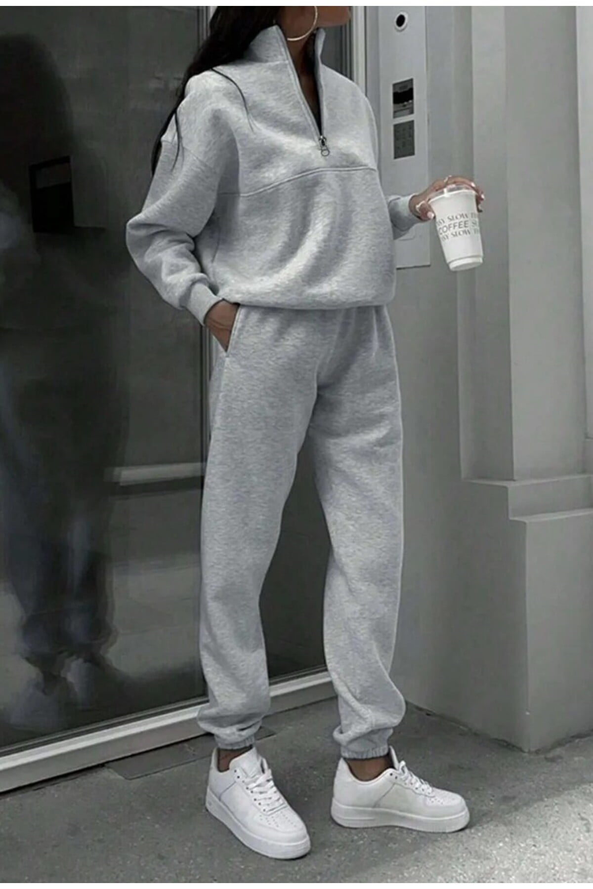 Kadın Yarım Fermuarlı 3 İplik Şardonlu Eşofman Takımı – Dik Yaka Sweatshirt & Jogger Pantolon