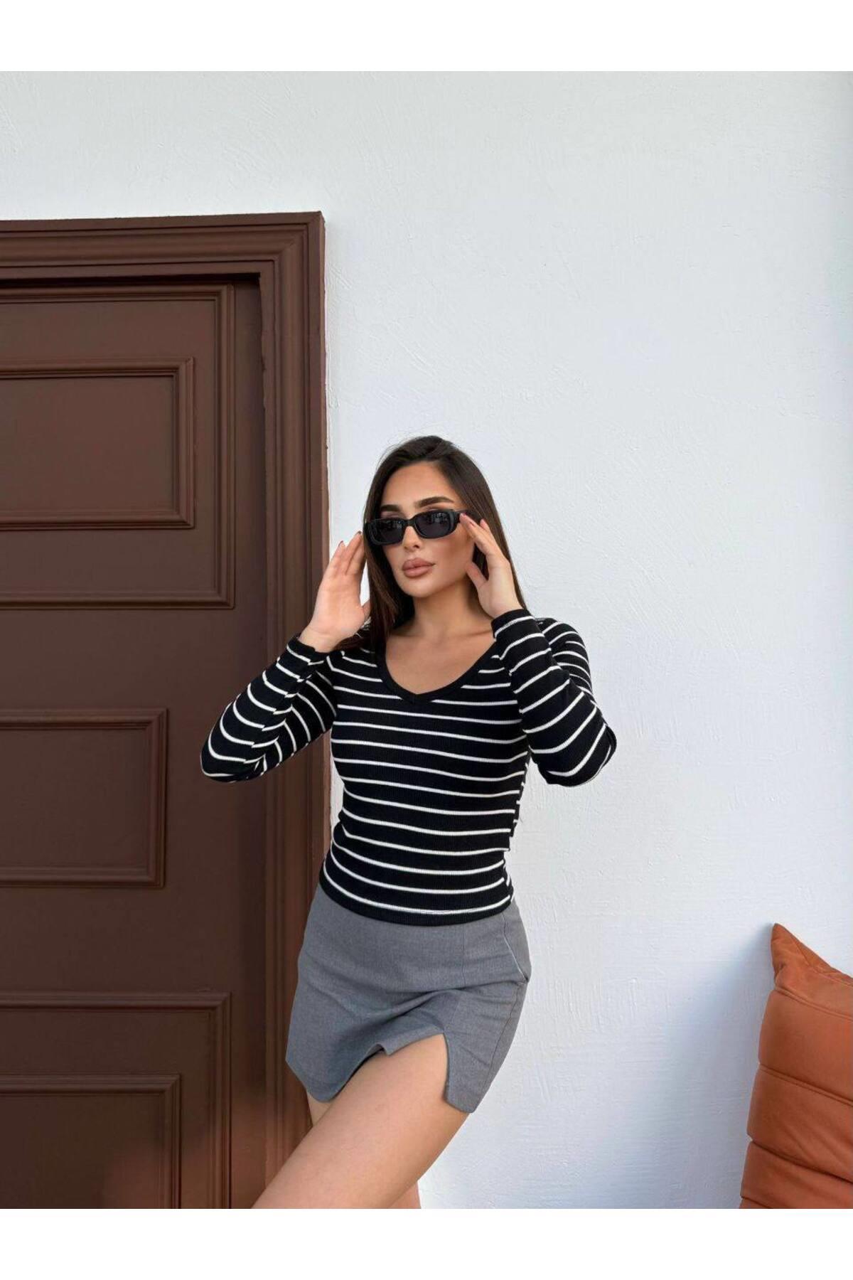 Regular Fit V Yaka Çizgili Casual Uzun Kollu Kaşkorse Bluz