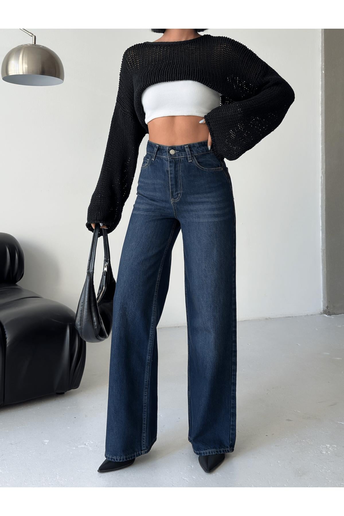 Yüksek Bel Geniş Paça Koyu Mavi Denim Jean-0164