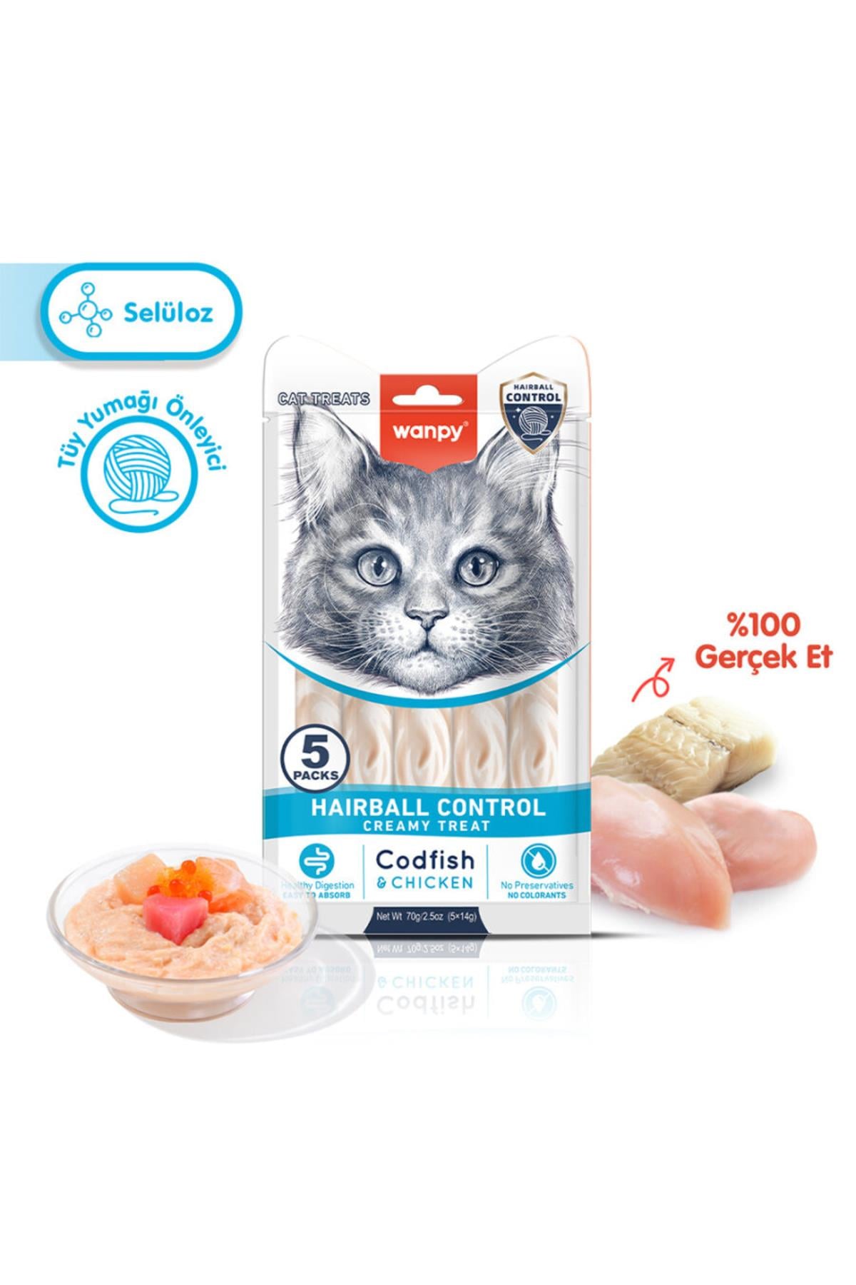 Hairball Control Morina balığı&Tavuk 5x14 gr Krema Kedi Ödül Maması Skt:02/2027