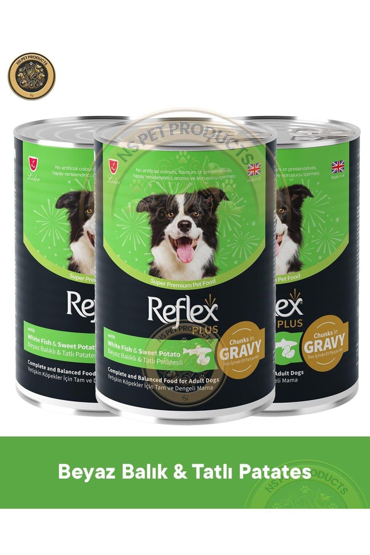 Plus Sos İçinde Et Parçacıklı Beyaz Balıklı ve Tatlı Patatesli Yetişkin Köpek Maması 3X400gr