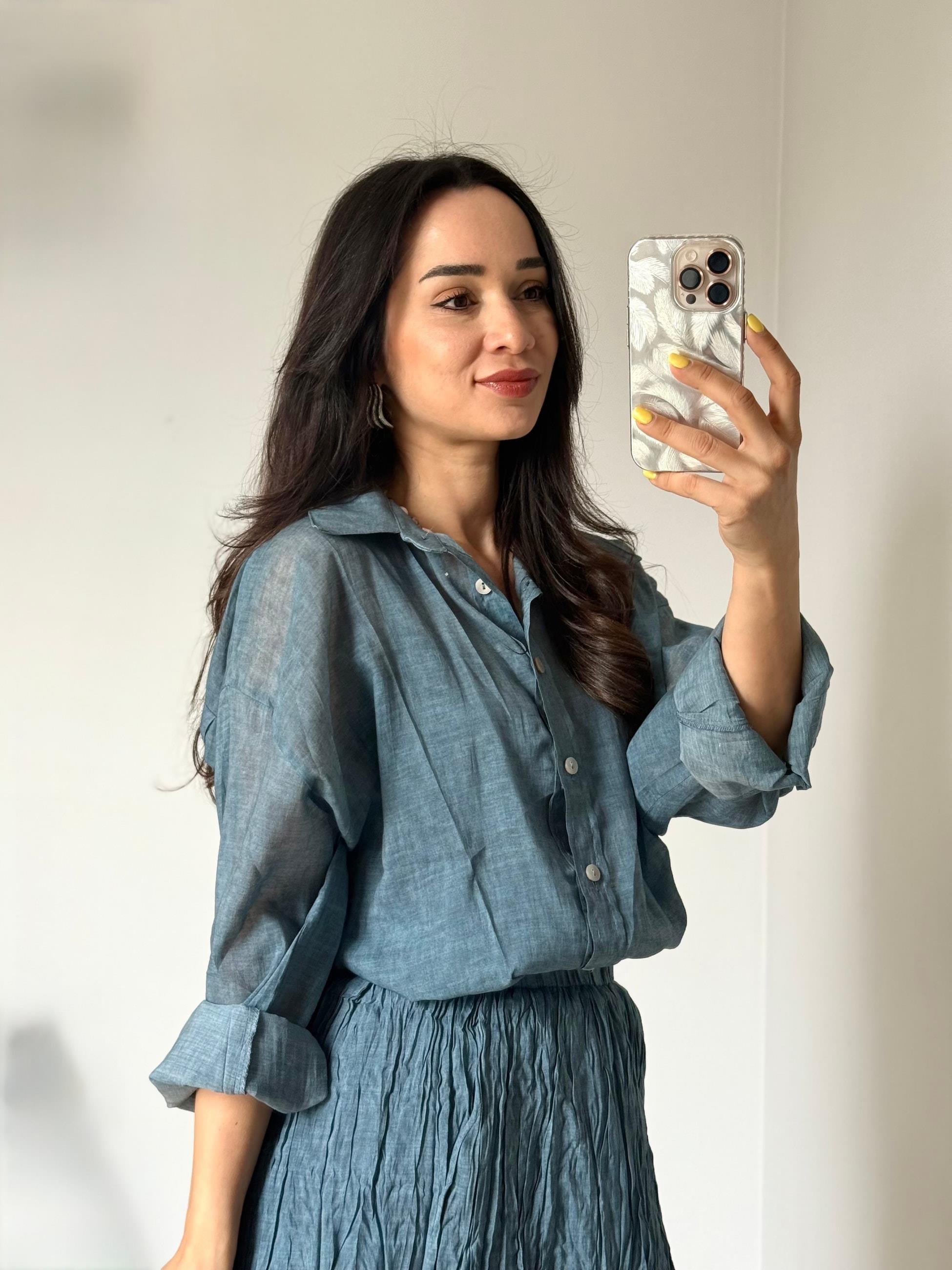 İndigo Oversize İnce Gömlek