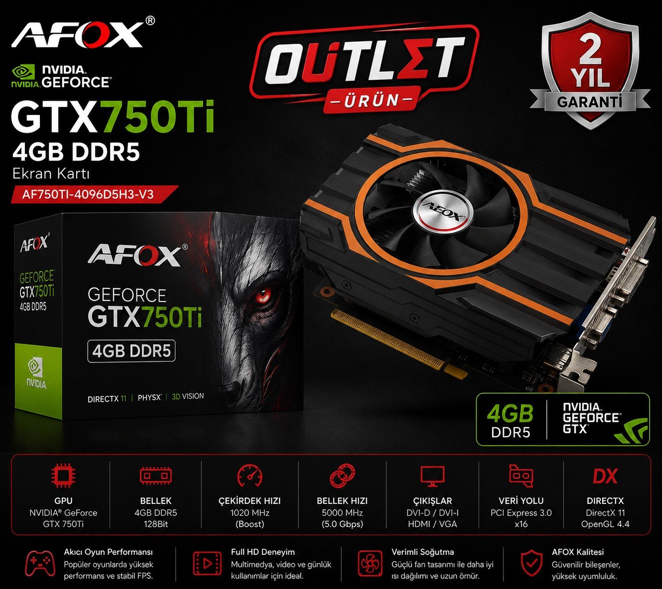 AFOX GEFORCE GTX750TI 4GB DDR5 Ekran Kartı AF750TI-4096D5H3-V3