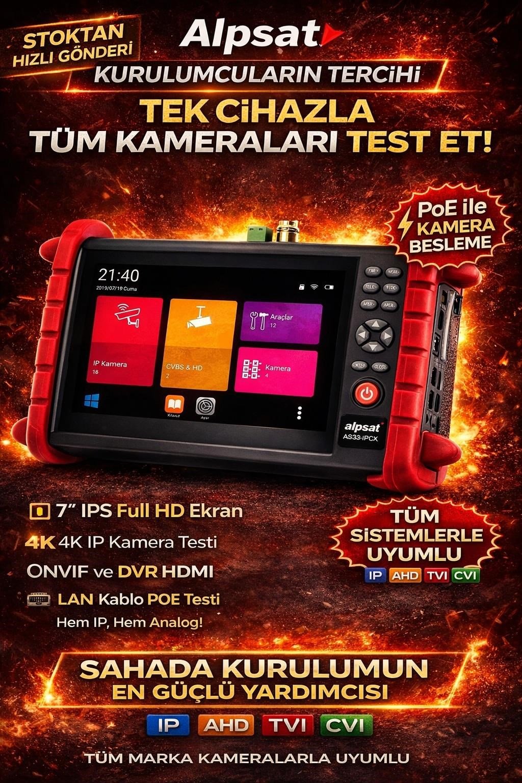 Alpsat AS033 Profesyonel Kamera Test Cihazı 4K PoE ONVIF 7” IPS | IP AHD TVI CVI CCTV Test Monitörü HDMI WiFi