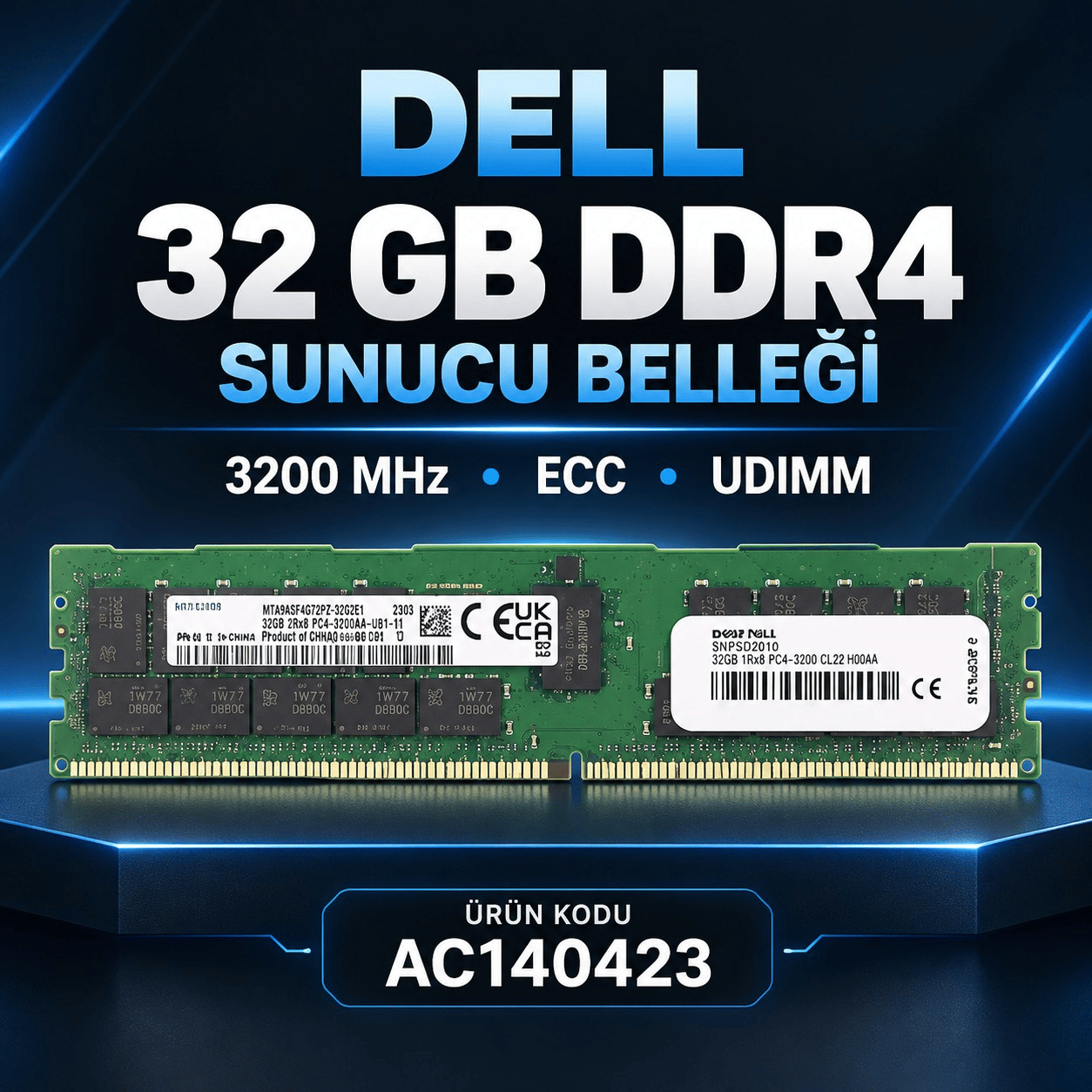 Dell 32GB DDR4 3200MHz ECC UDIMM 2Rx8 Sunucu Belleği AC140423