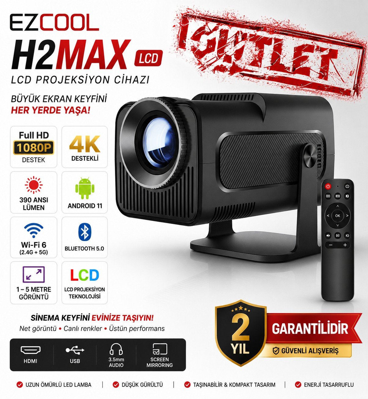 EZCOOL H2 Max 390 Ansı-lümen Fullhd Android 11 Akıllı Projeksiyon Cihazı