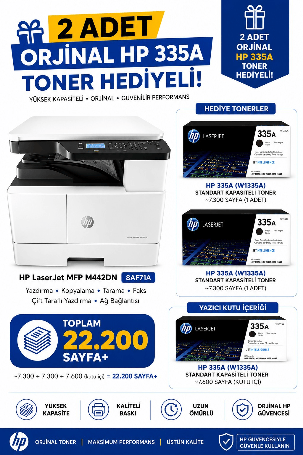 HP A3 LaserJet MFP M442DN 8AF71A 2K Siyah Çok Fonksiyonlu Lazer Yazıcı Usb-Ethernet-Kablosuz (2 Adet Toner Hediyeli)