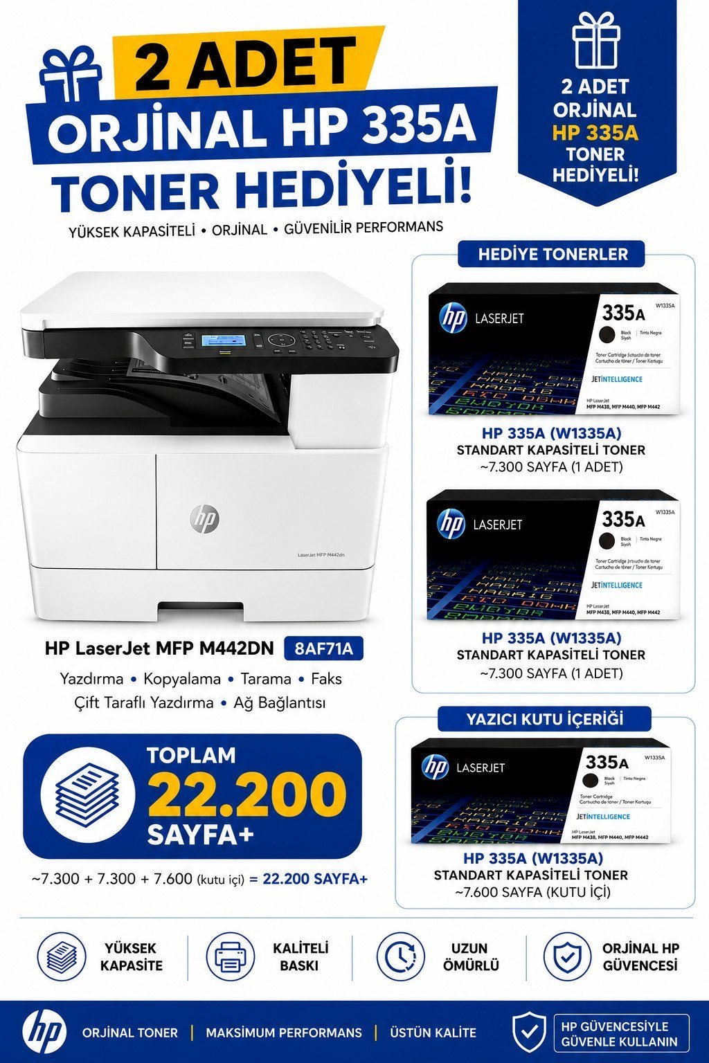 HP A3 LaserJet MFP M442DN 8AF71A Siyah Çok Fonksiyonlu  Wi-Fi Lazer Yazıcı ATS2 (2 Adet Toner Hediyeli)
