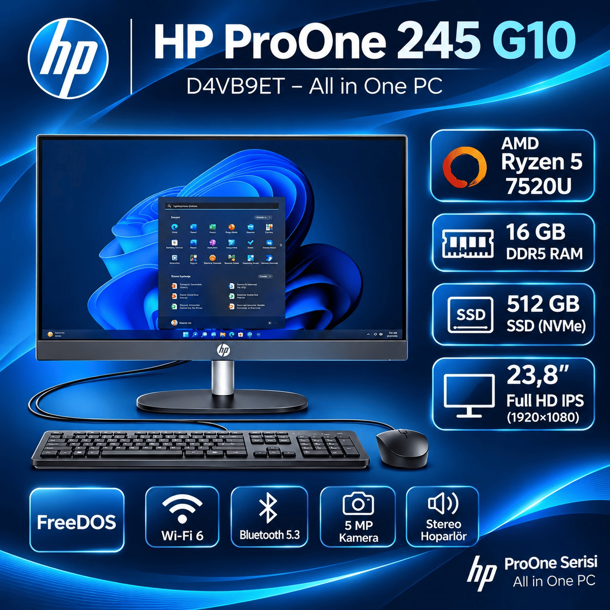 HP Proone 245 G10 D4VB9ET Ryzen 5 7520U 16GB 512GB SSD 23.8 Freedos