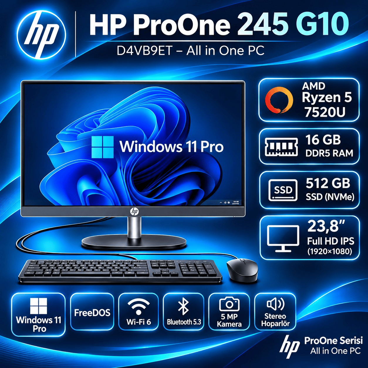 HP Proone 245 G10 D4VB9ET Ryzen 5 7520U 16GB 512GB SSD 23.8 W11 PRO ATS61 