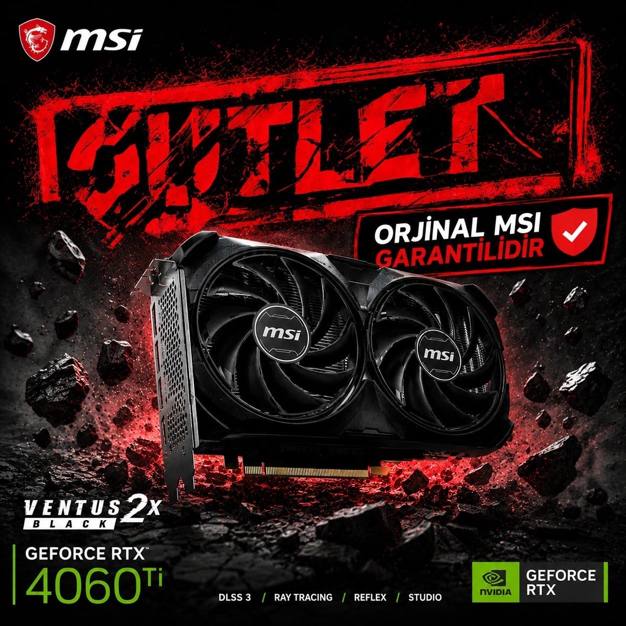 MSI GEFORCE RTX 4060 TI 8G VENTUS 2X BLACK E1 OC RTX4060TI 8GB GDDR6 128B DX12 PCIE 4.0 X16 Ekran Kartı