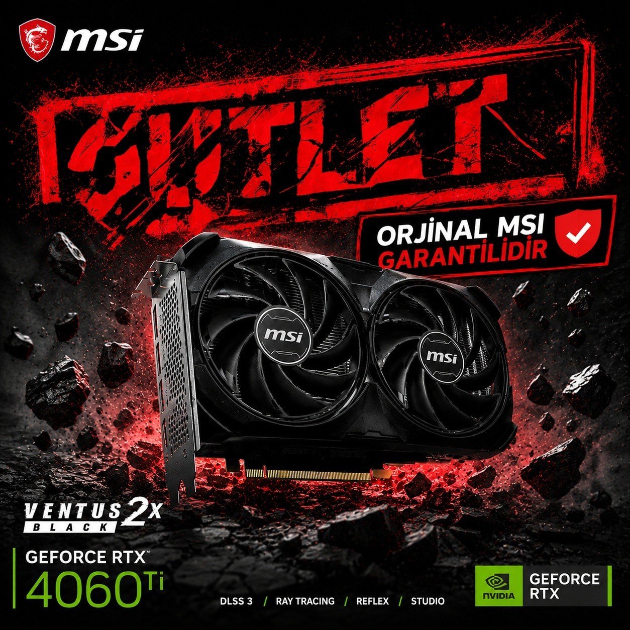 MSI GEFORCE RTX 4060 TI 8G VENTUS 2X BLACK E1 OC RTX4060TI 8GB GDDR6 128B DX12 PCIE 4.0 X16 Ekran Kartı