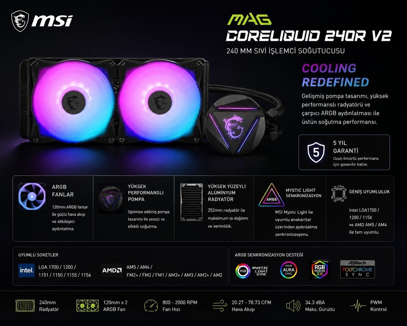 MSI Mag Corelıquıd 240r V2 2x120mm Argb Fanlı Sıvı Işlemci Soğutucusu uyumlu