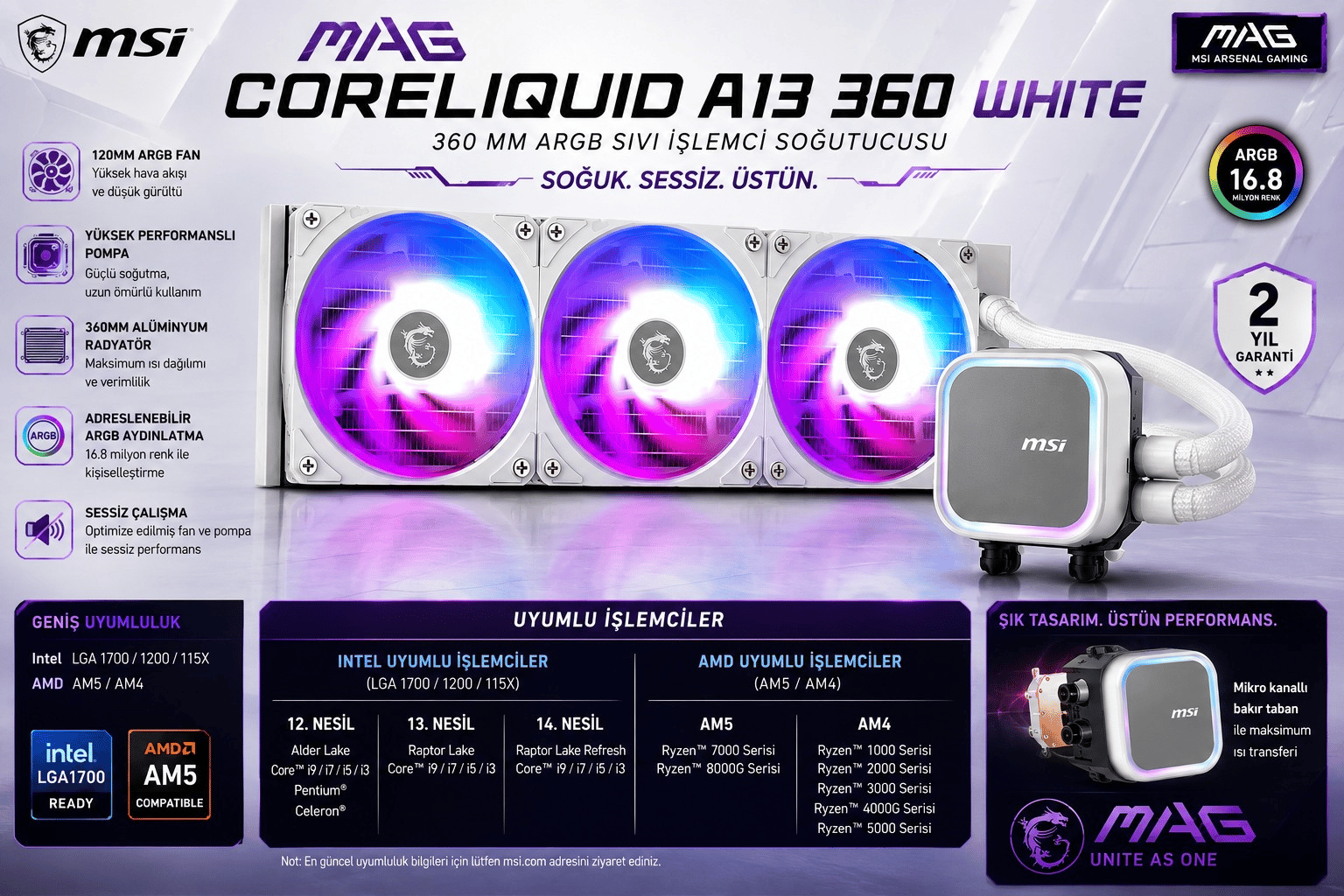MSI MAG CORELIQUID A13 360 WHITE 360MM ARGB Intel LGA1851/LGA1700 AMD AM5/AM4 Uyumlu Sıvı İşlemci Soğutucu