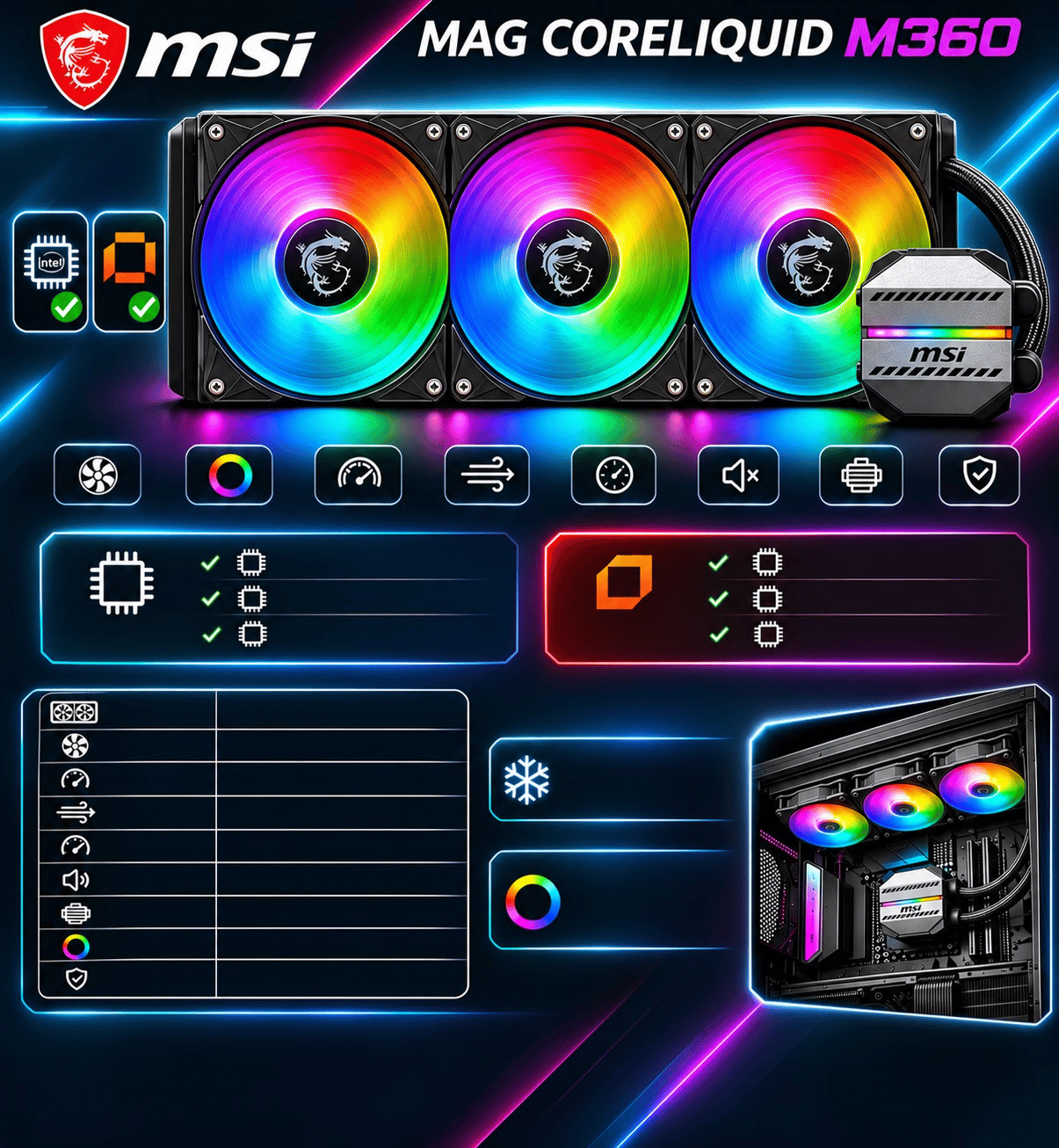 MSI MAG CORELIQUID M360 360mm ARGB Sıvı İşlemci Soğutucu | LGA1851/LGA1700/AM5, 3x120mm PWM Fan, Siyah