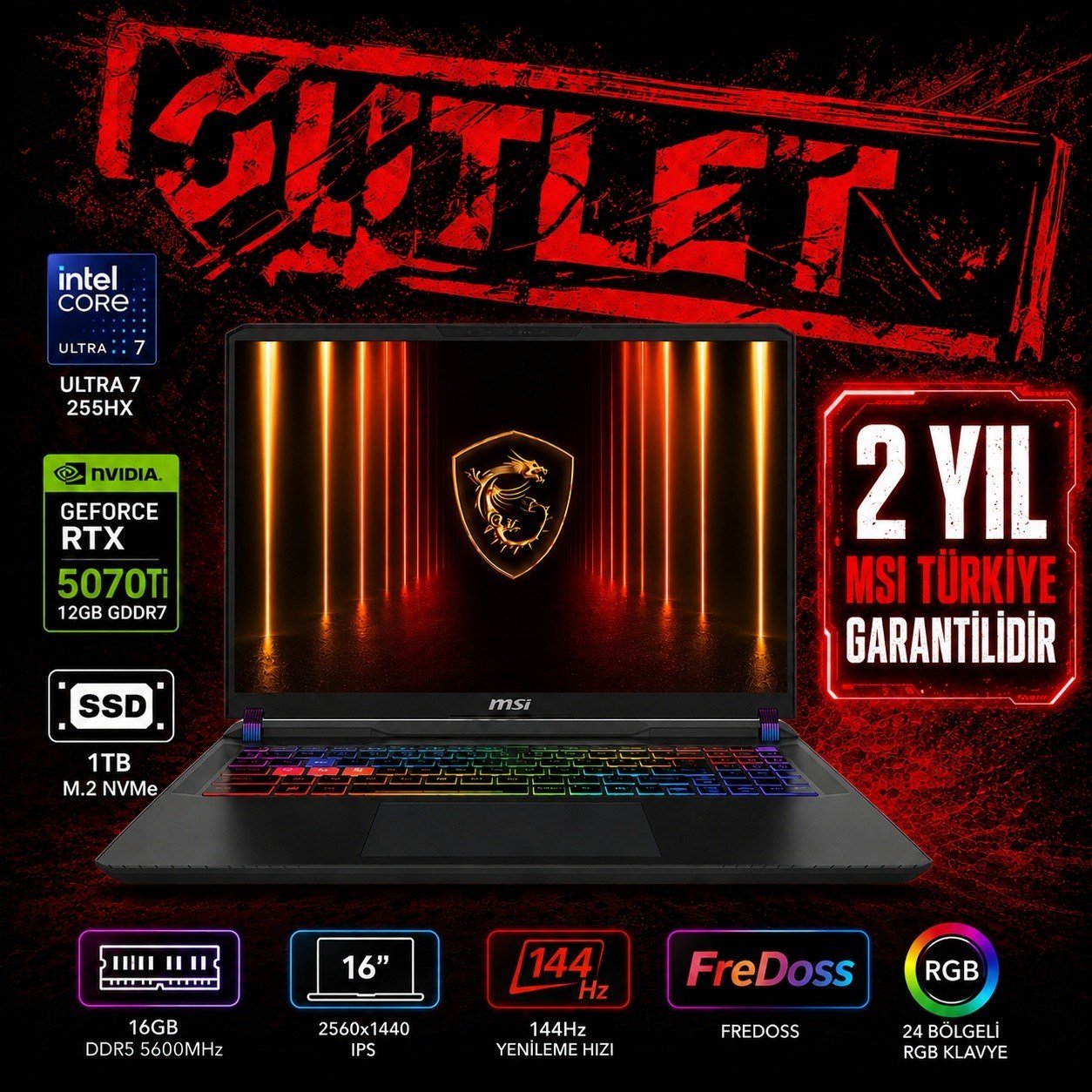 MSI VECTOR 16 HX AI A2XWHG-091XTR Intel Core Ultra 7-255HX GeForce RTX 5070 Ti 12GB 140W 16GB DDR5 1TB SSD 16 inç FHD+ 144Hz FreeDos Gaming Laptop