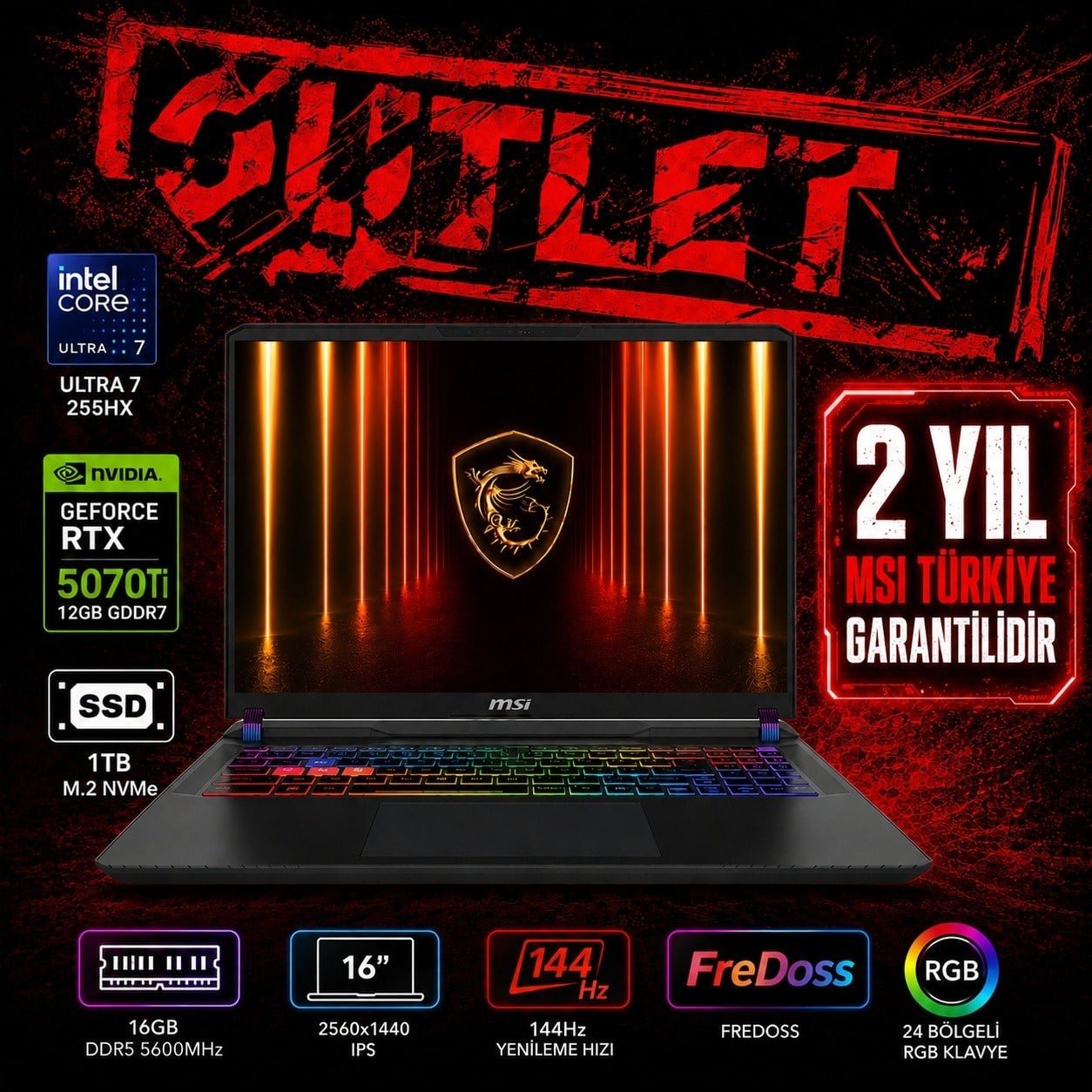 MSI VECTOR 16 HX AI A2XWHG-091XTR Intel Core Ultra 7-255HX GeForce RTX 5070 Ti 12GB 140W 16GB DDR5 1TB SSD 16 inç FHD+ 144Hz FreeDos Gaming Laptop