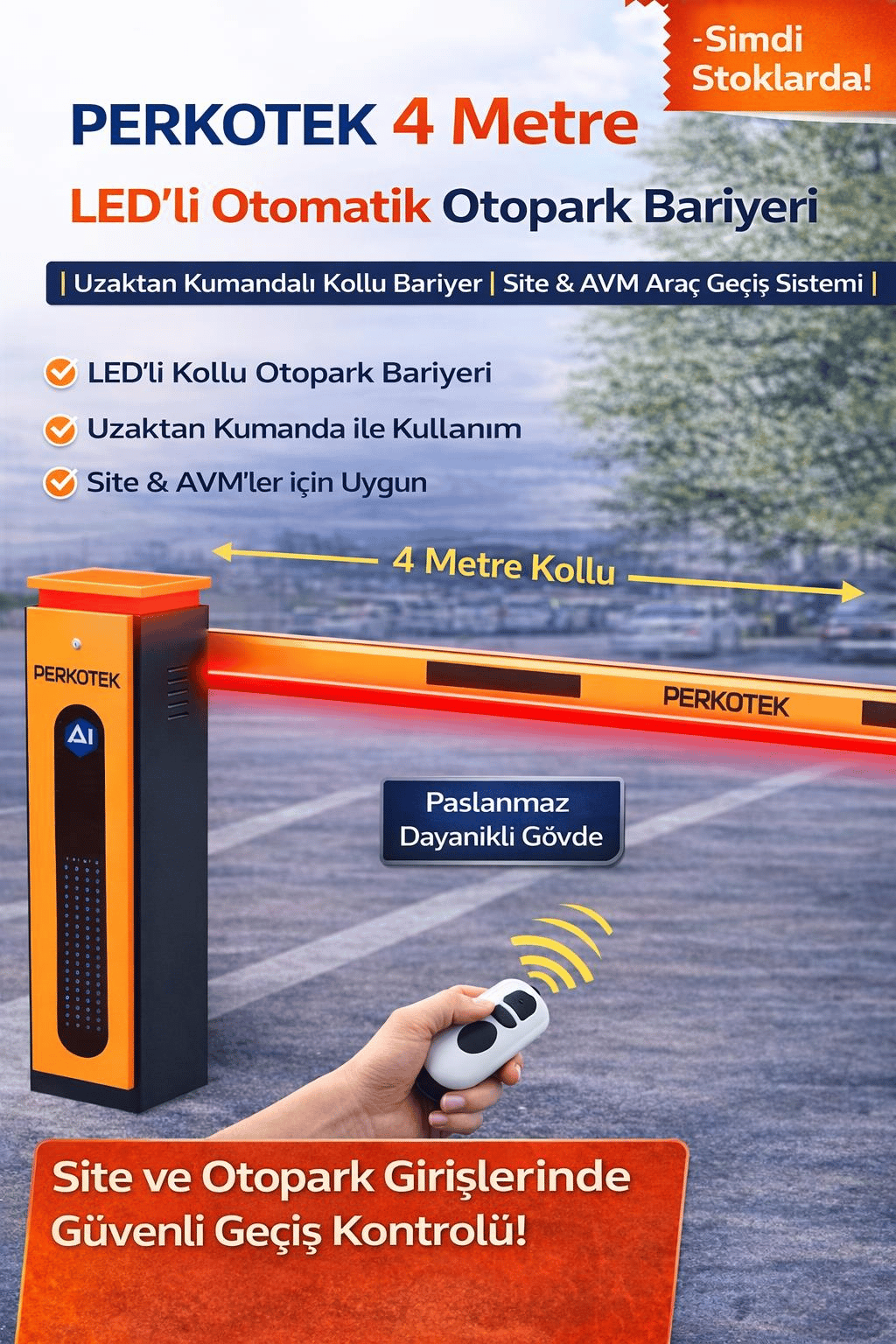 PERKOTEK 4 Metre LED’li Otomatik Otopark Bariyeri | Uzaktan Kumandalı Kollu Bariyer | Site & AVM Araç Giriş Sistemi