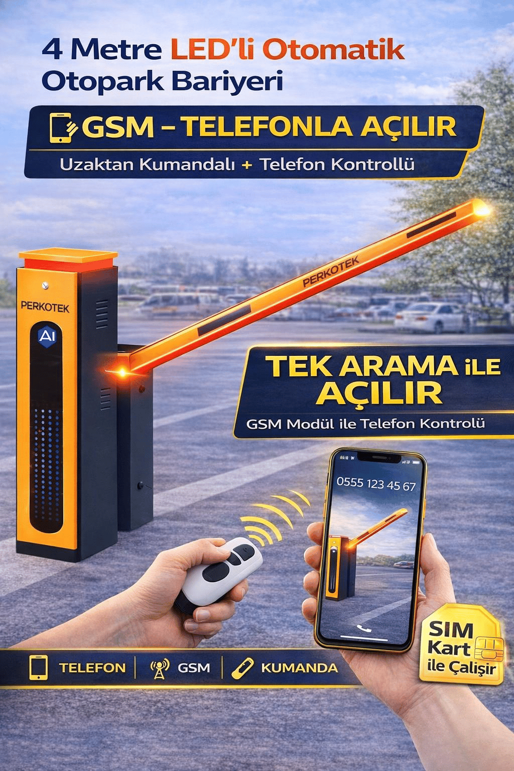 PERKOTEK 4 Metre LED’li Otomatik Otopark Bariyeri | GSM Telefonla Açma | Uzaktan Kumandalı Kollu Bariyer