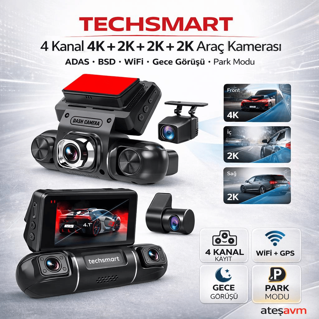 TECHSMART 4 Kanal Araç Kamerası 4K + 2K Yan Kameralı | WiFi GPS ADAS BSD Gece Görüş Dashcam