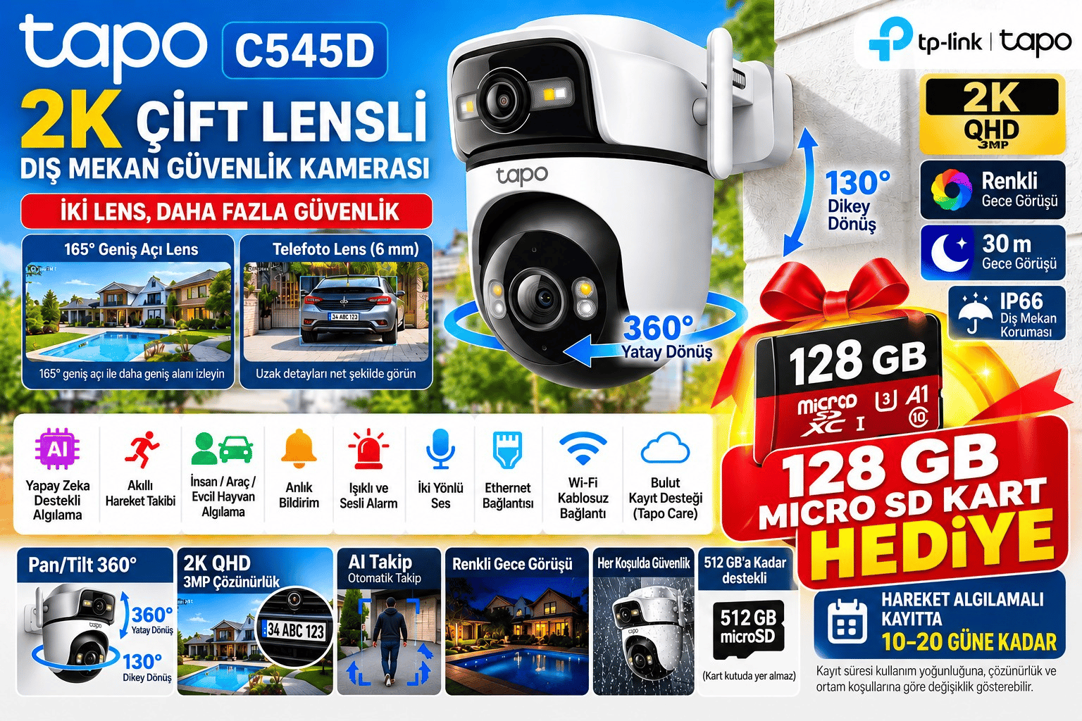 TP-Link Tapo C545D-128GB 2K Çift Lensli Dış Mekân Güvenlik Kamerası | Telefoto Lens | 360° Dönüş | Yapay Zekâ Takip Gece Görüşü | IP66 |  Wi-Fi | 2 Yönlü Ses | 128 GB microSD Kart Dahil