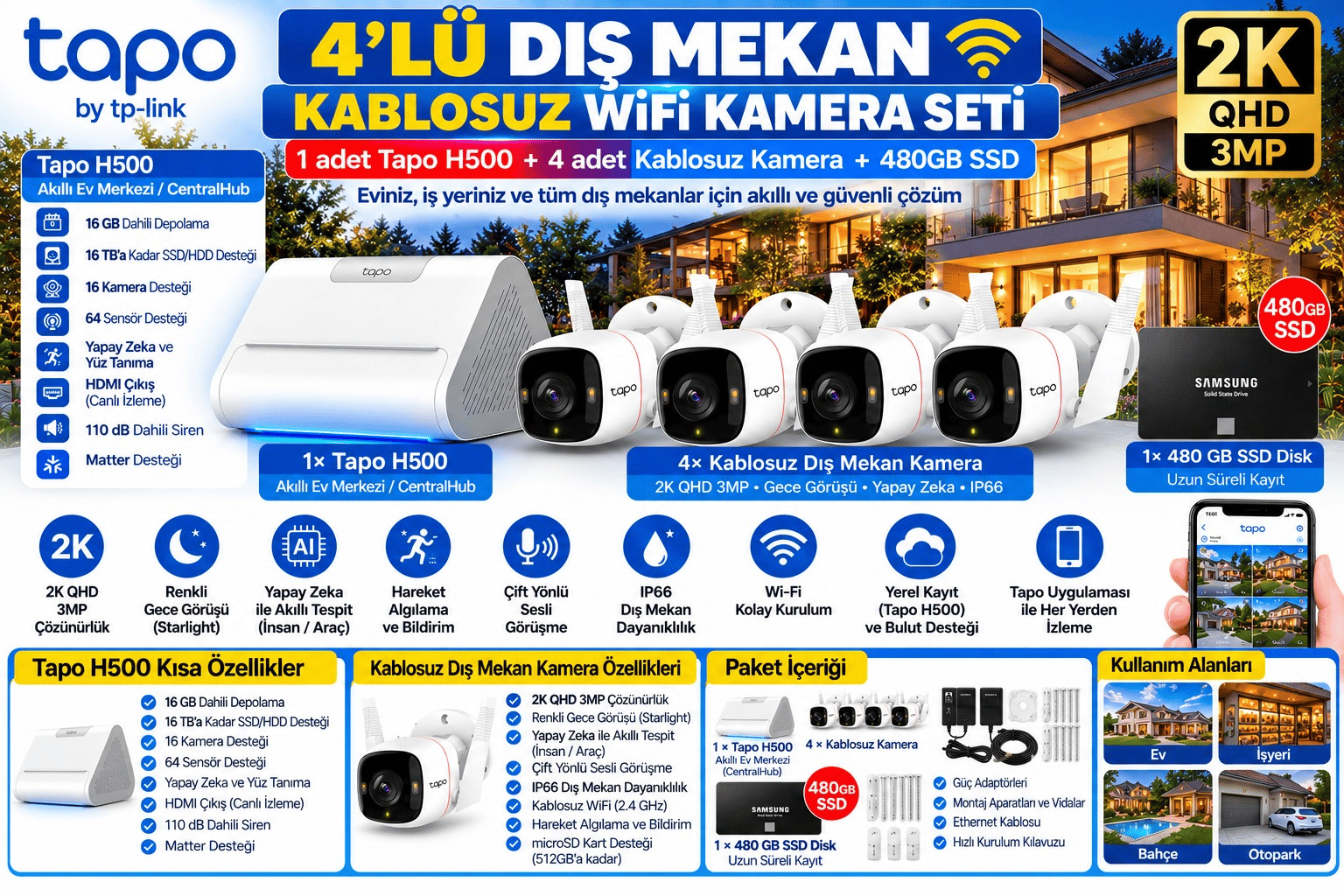 TP-Link Tapo H500320SW Akıllı Ev Merkezi Yapay Zekâ Destekli, Hareket Algılama, 2K QHD 3MP, 30 Metre Gece Görüşü, IP66, 16 GB + 480 GB SSD  4’lü Dış Mekân Kablosuz Wi-Fi Güvenlik Kamera Seti 