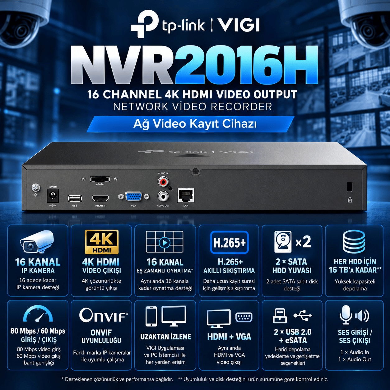 TP-Link VIGI 16K-NVR2016H 16 Kanal 4K HDMI, IP Kamera NVR Ağ Video Kayıt Cihazı