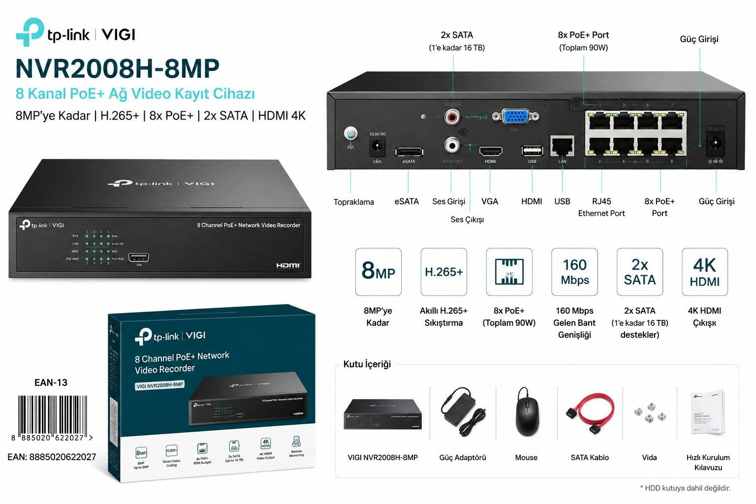 TP-Link VIGI NVR2008H-8MP 8 Kanal 8MP PoE+ NVR 4K HDMI 8x PoE+ 90W 2x SATA 32TB H.265+Kayıt Cihazı