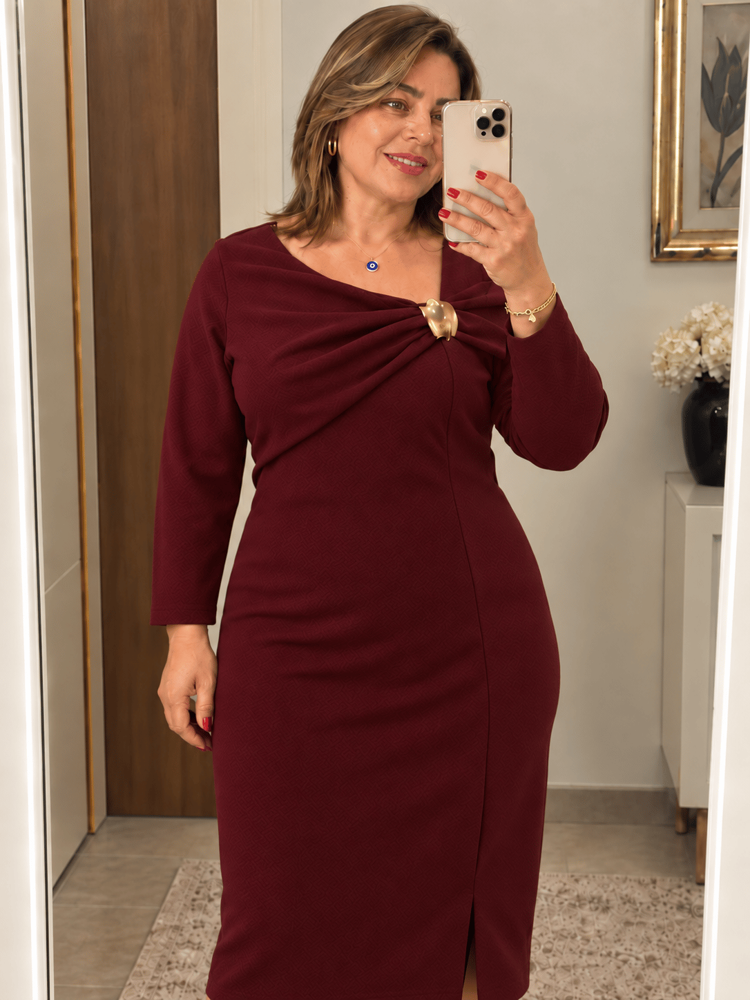 Broş Detaylı Uzun Kol Elbise Bordo 2535B