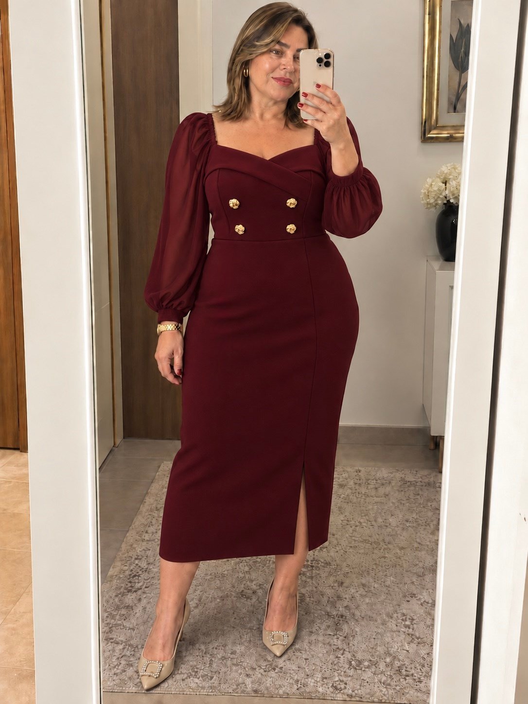 Omzu Lastikli Dört Broş Elbise Bordo 2544