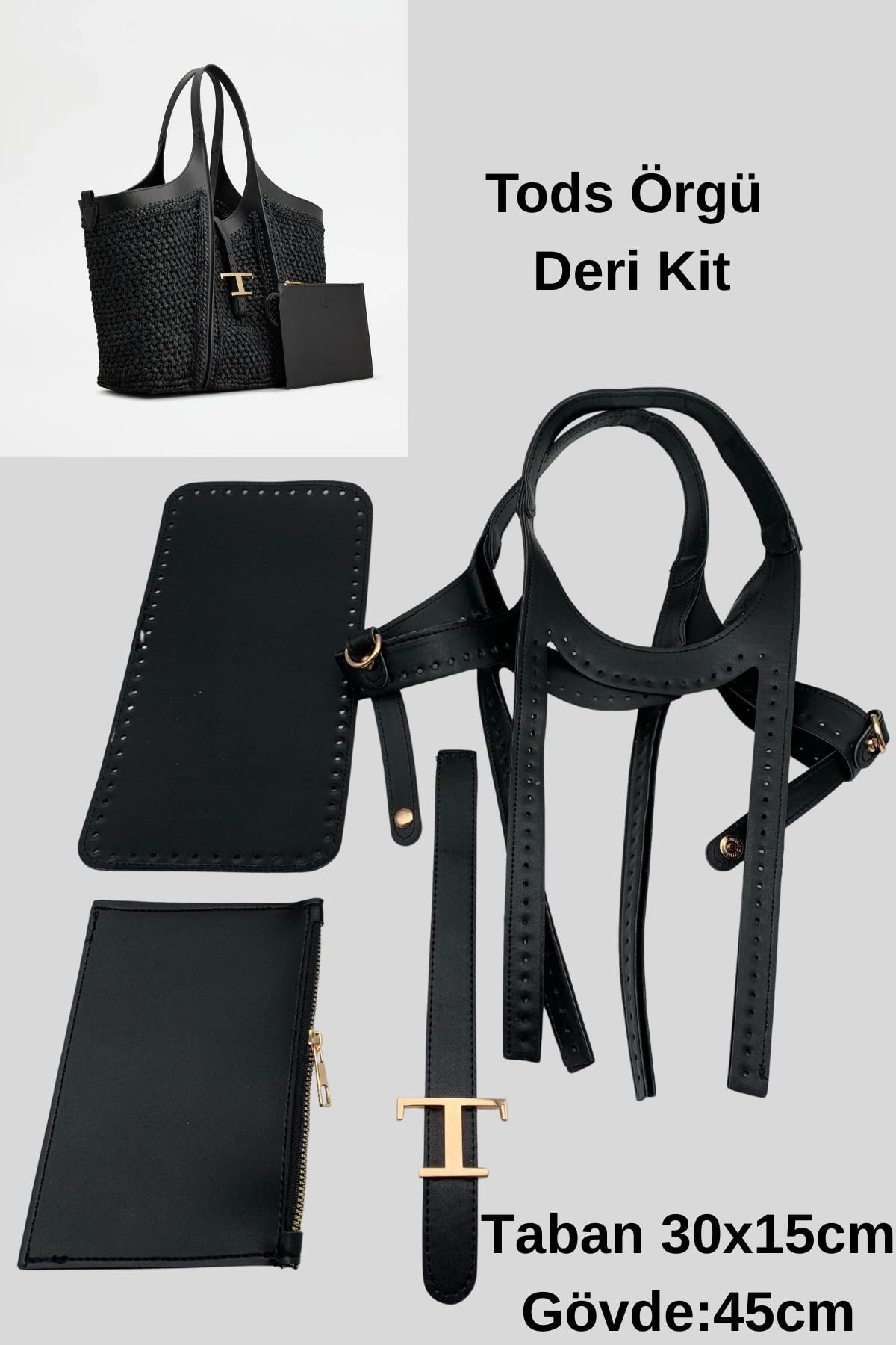 Tods Çanta Kiti Deri Örgü Kiti Siyah İpsiz Tokalı Cüzdanlı 4lü Çanta Seti Siyah