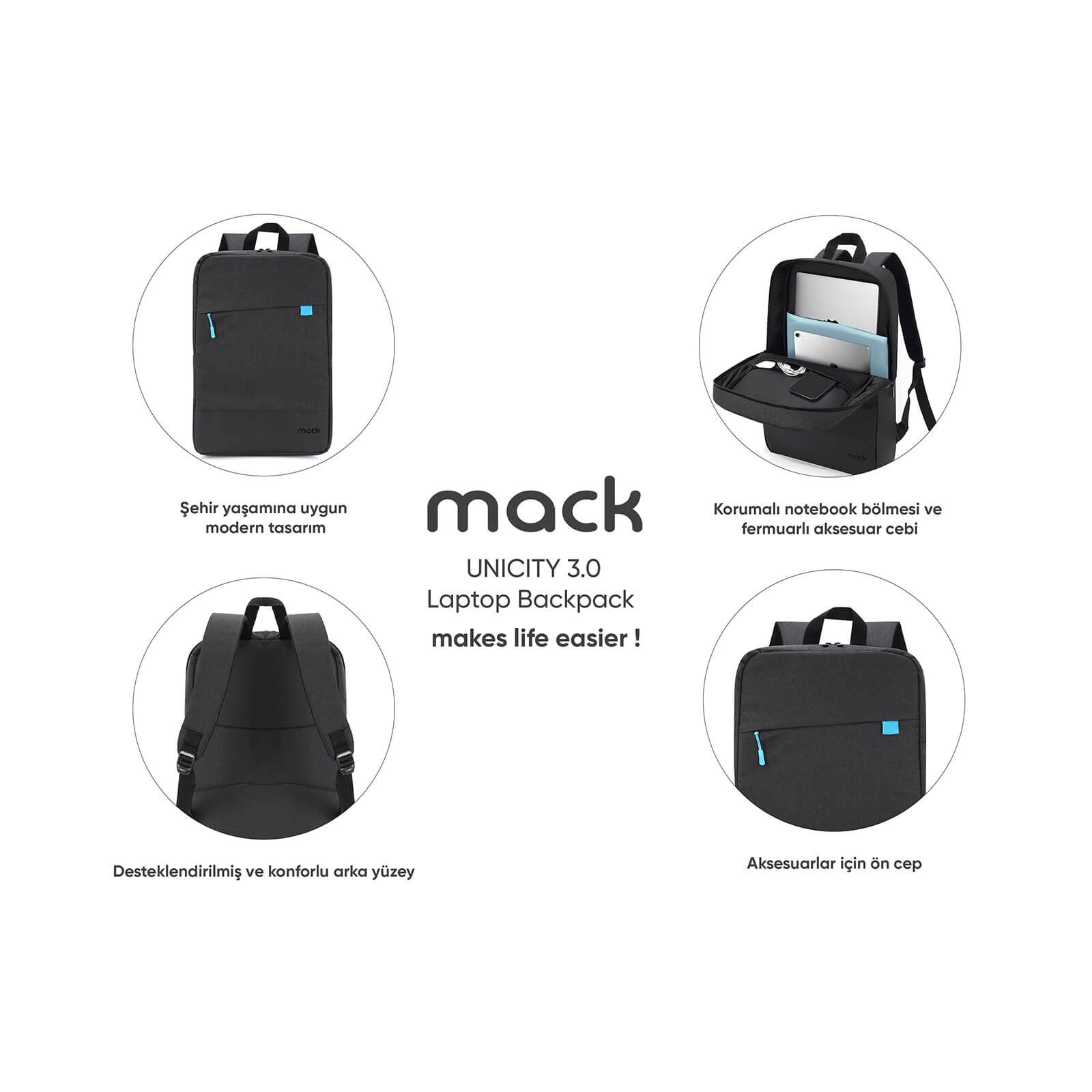 MACK MCC-605 15.6 UNICITY 3.0 Notebook Sırt Çantası Siyah
