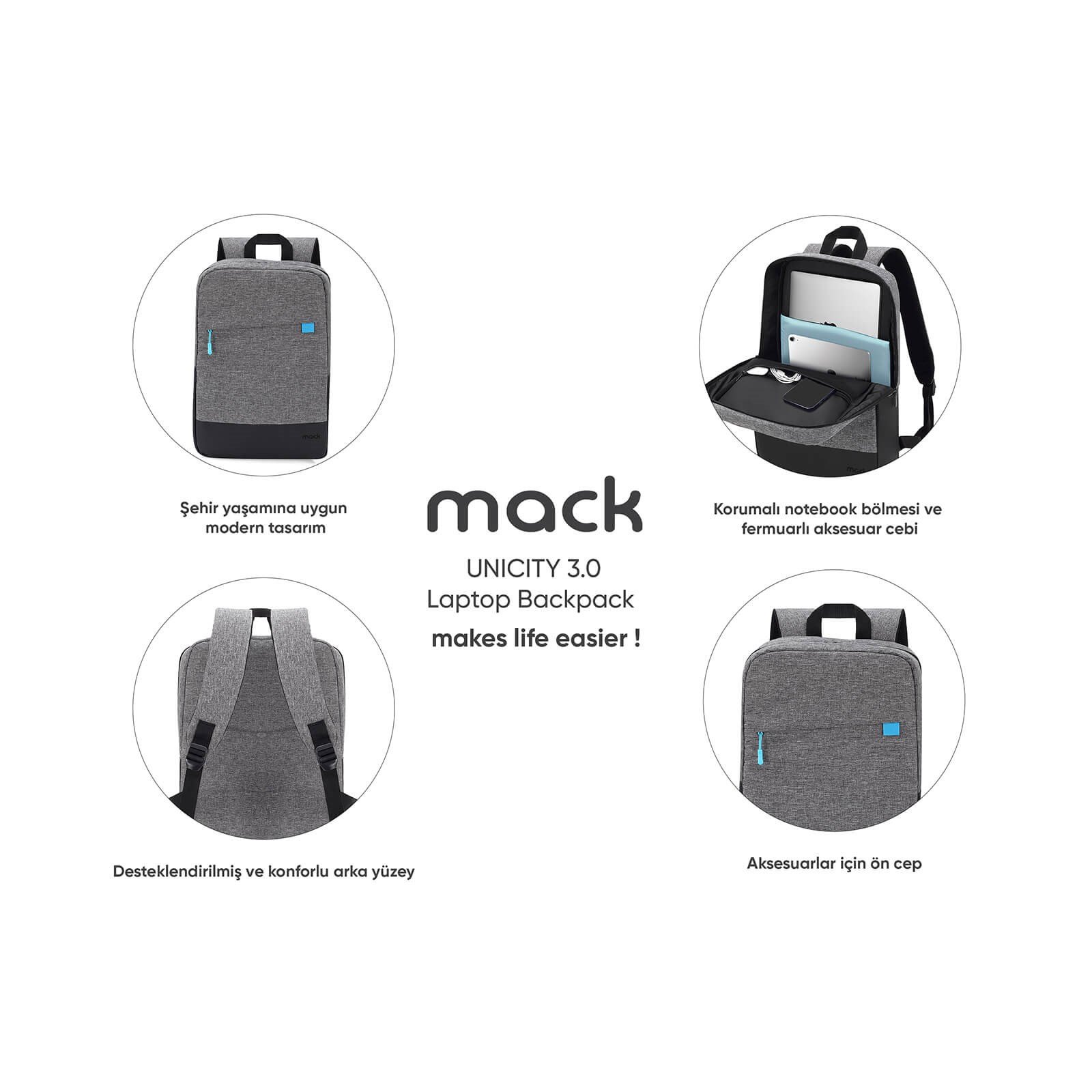 MACK MCC-606 15.6 UNICITY 3.0 Notebook Sırt Çantası Gri