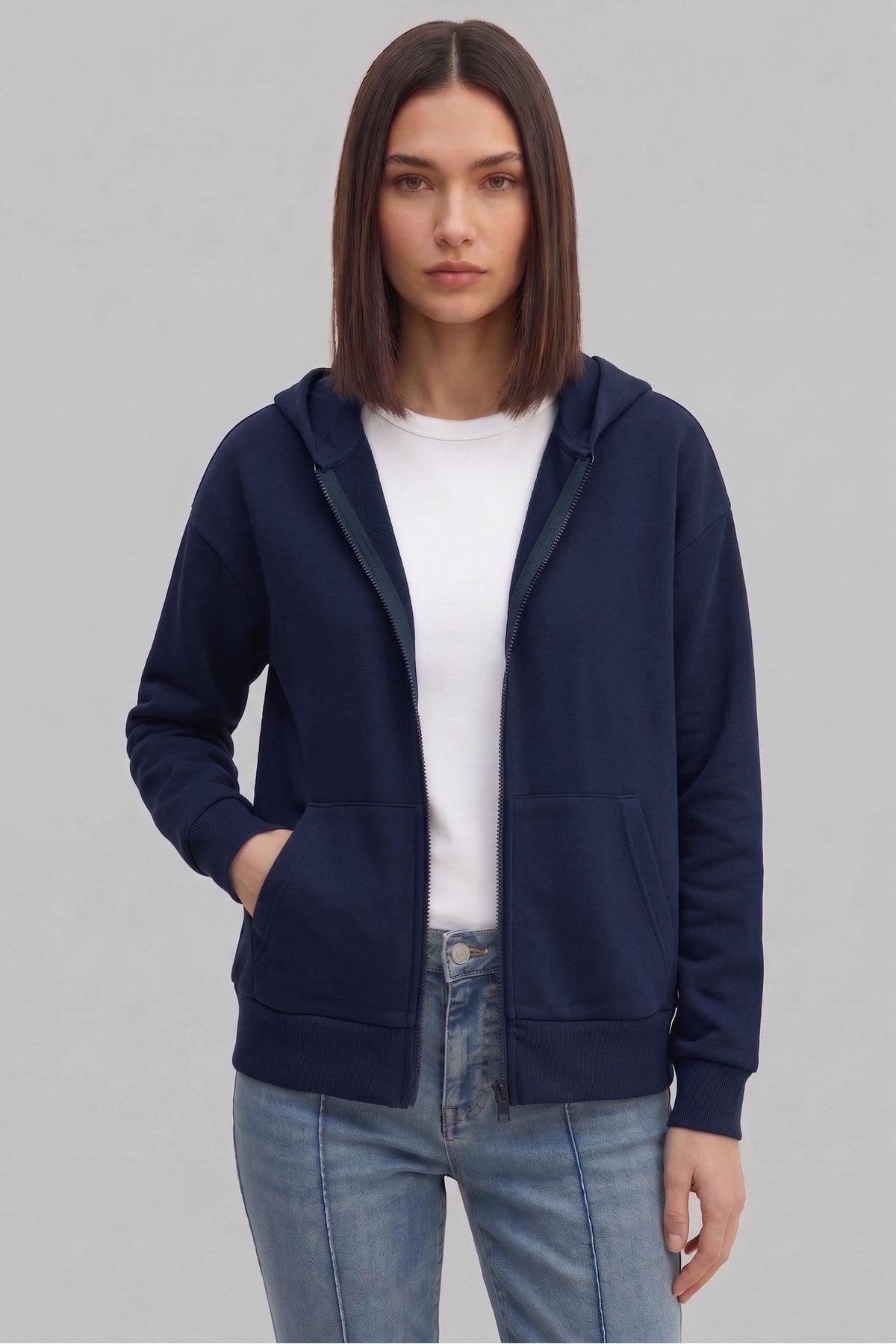 Kadın Lacivert Oversize Kapüşonlu İçi Pamuklu Hırka