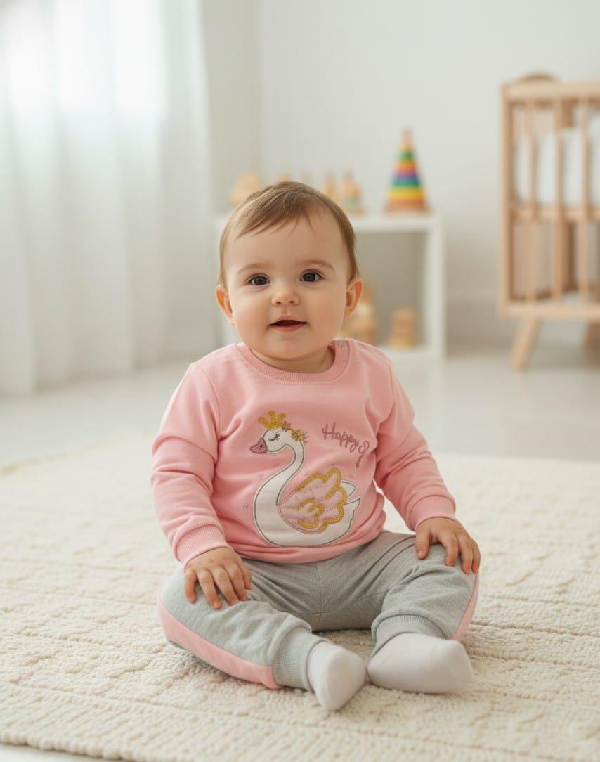 Kız Bebek Kuğu Figürlü Alt Üst Takım - Pembe