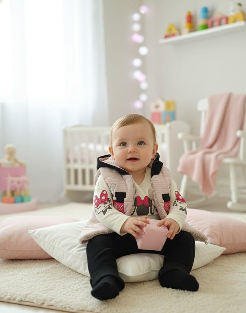 Kız Bebek Minnie Mouse Temalı Yelekli Takım Pembe