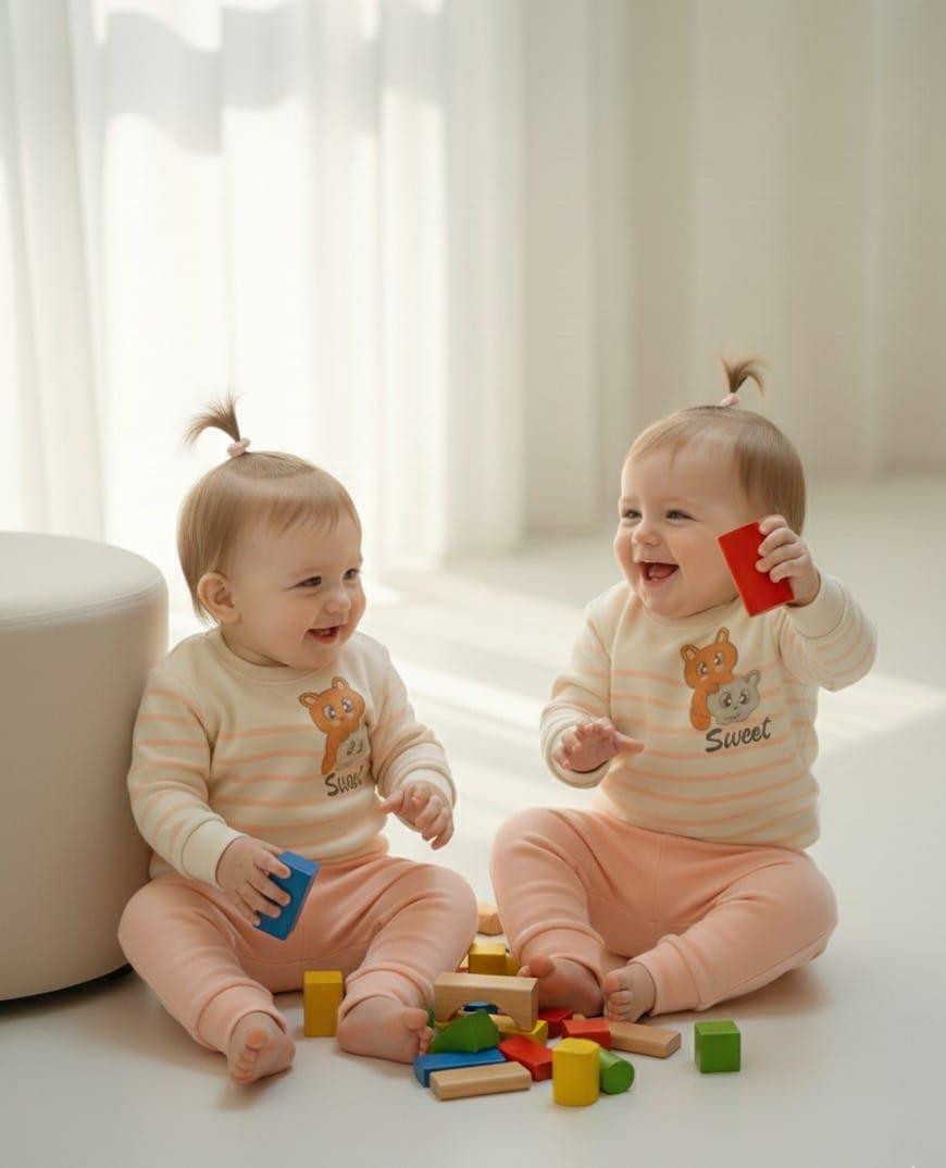 Kız Bebek Sevimli Tilki Figürlü Çizgili Alt  & Üst Takım Pudra