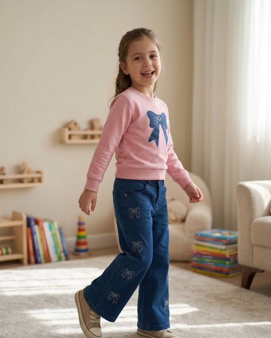 Kız Çocuk TakımKız Çocuk İkili Takım - Taşlı Fiyonk Detaylı Sweatshirt ve Taşlı Pantolon Pembe