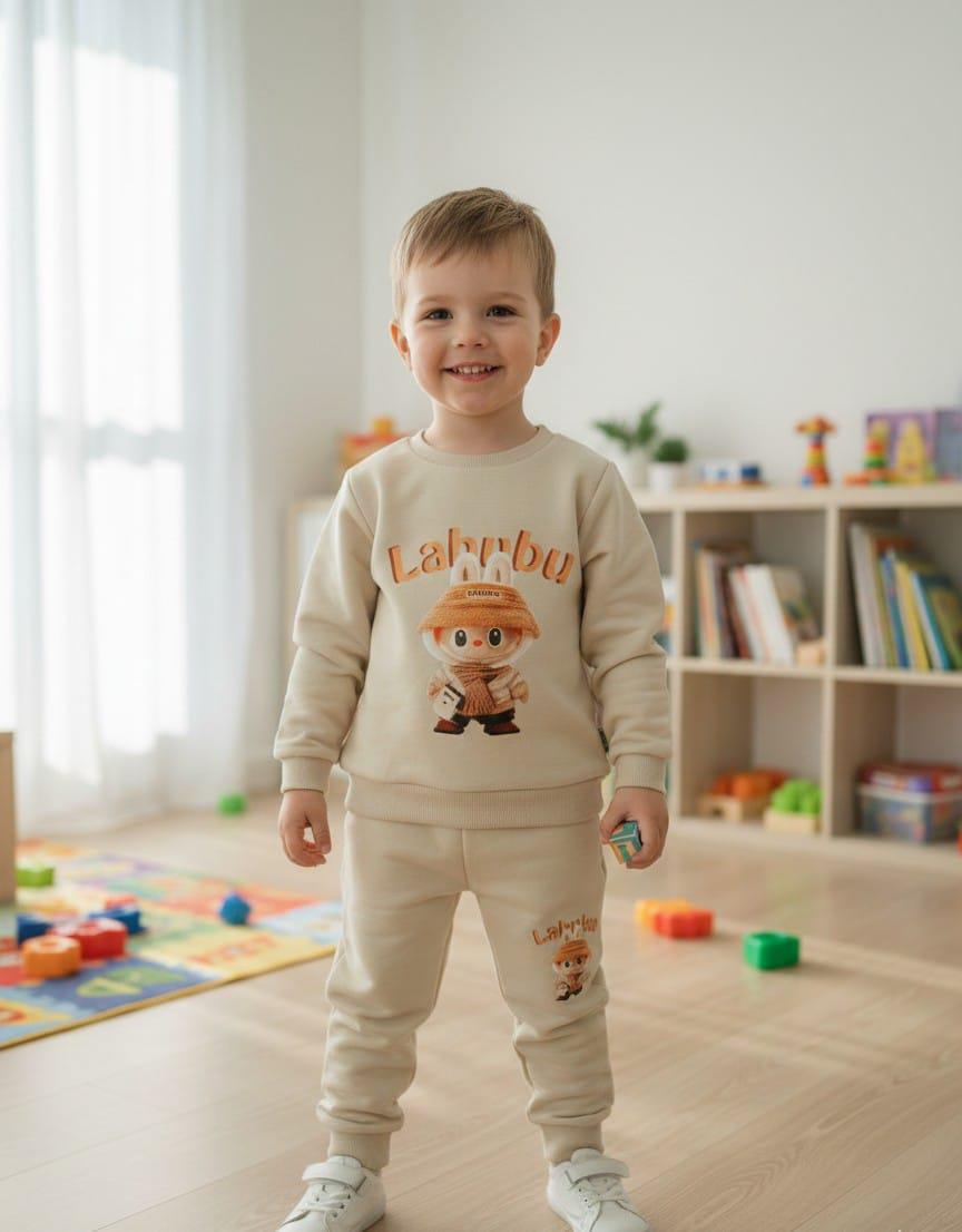 Labubu Figürlü Erkek Çocuk Alt & Üst Takım Bej