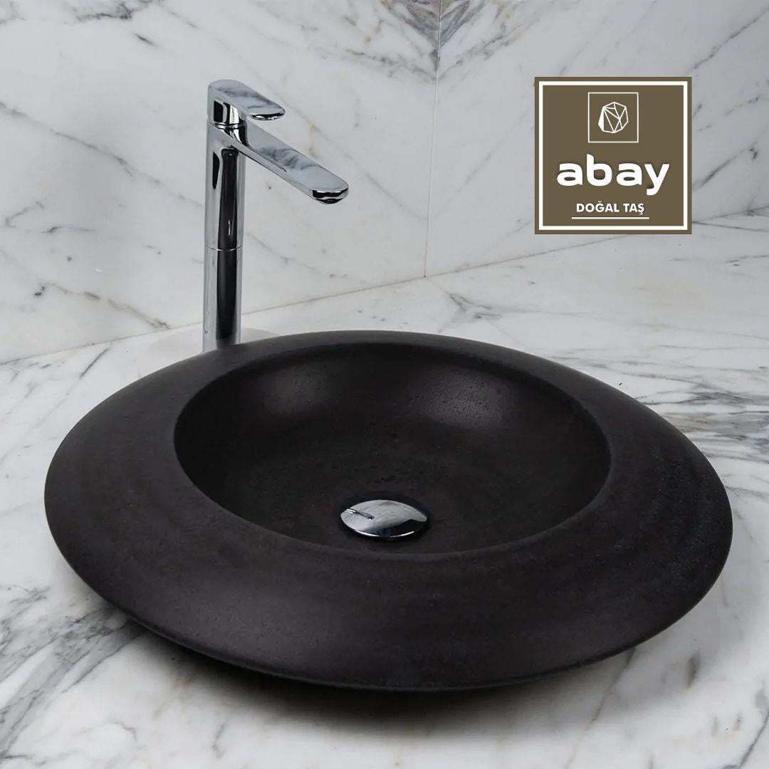 Mermer LavaboBazalt Siyah Yassı Ufo Model Lavabo