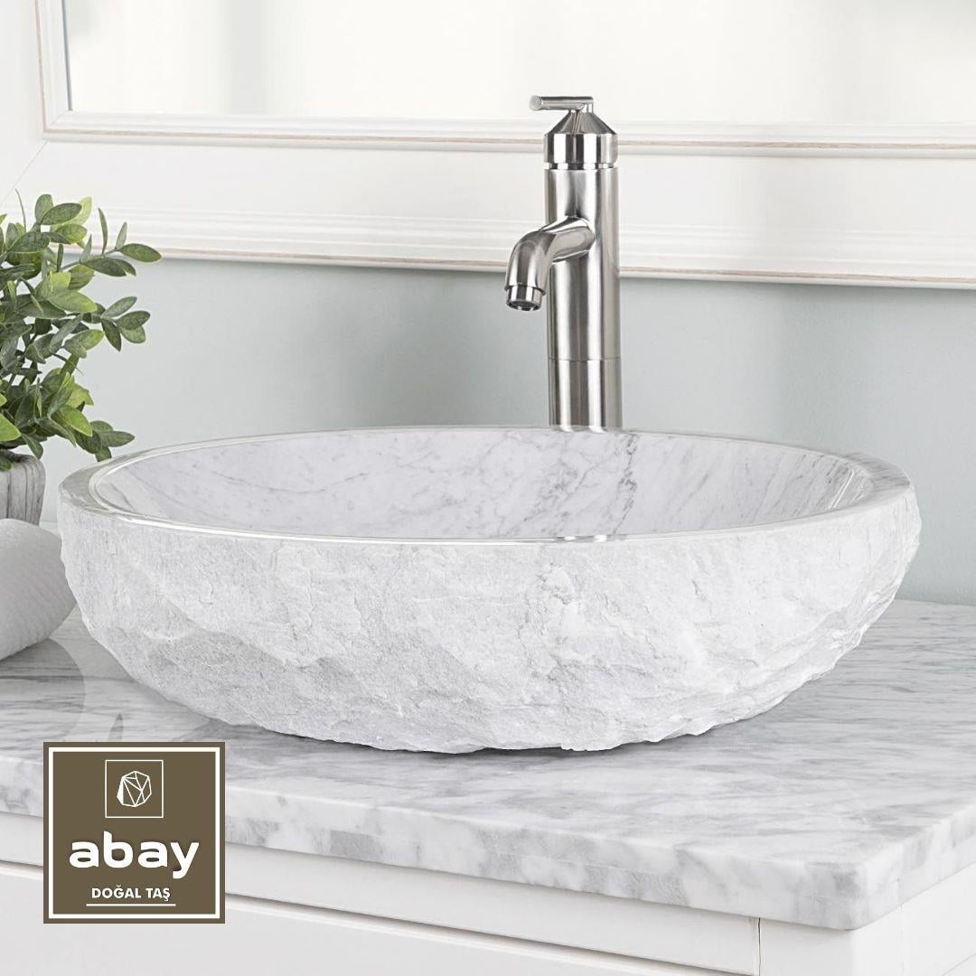 Beyaz Mermer Doğal Patlatma Oval Mini Lavabo