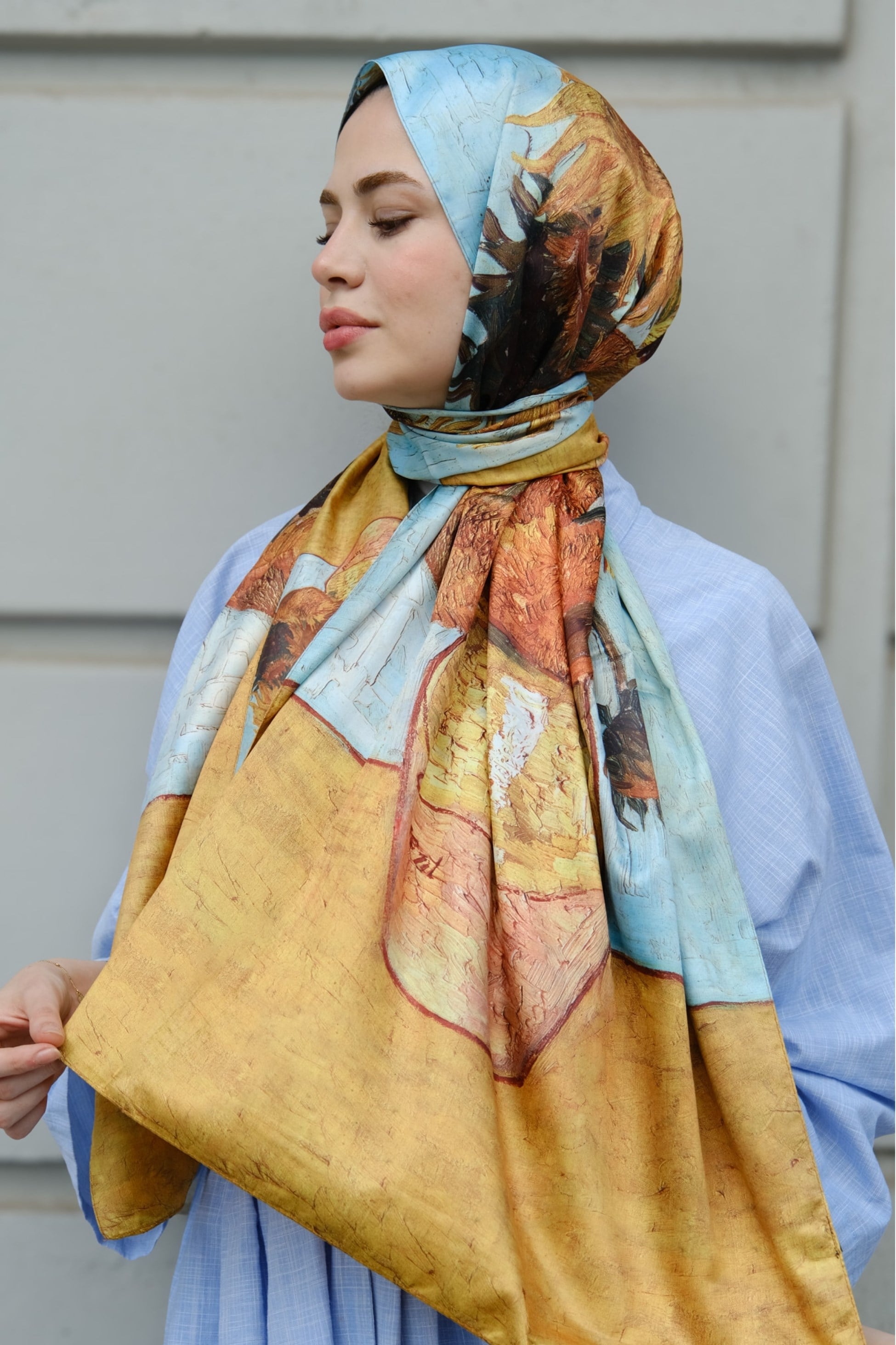 Ayçiçeği Sanat Desenli Çift Taraflı Twill Şal