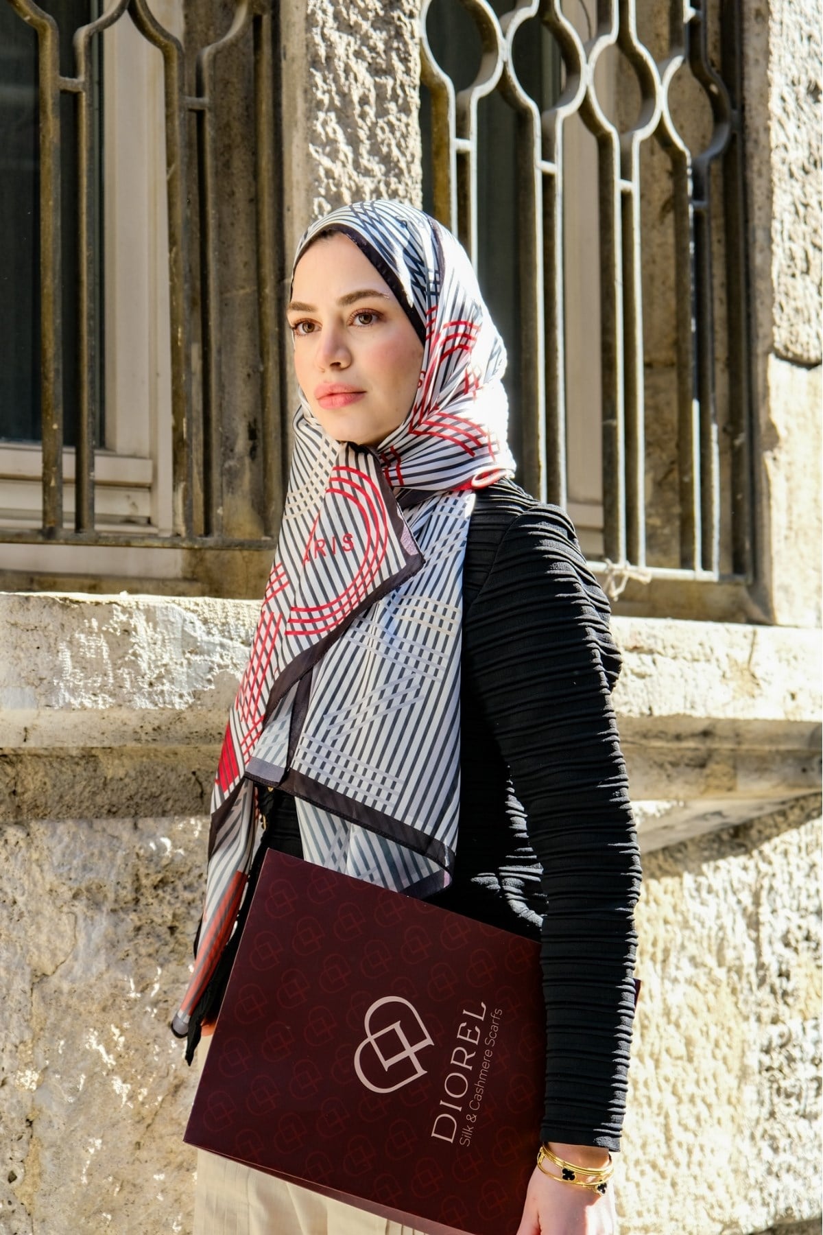 Çizgili İthal İpek Vual Şal Siyah