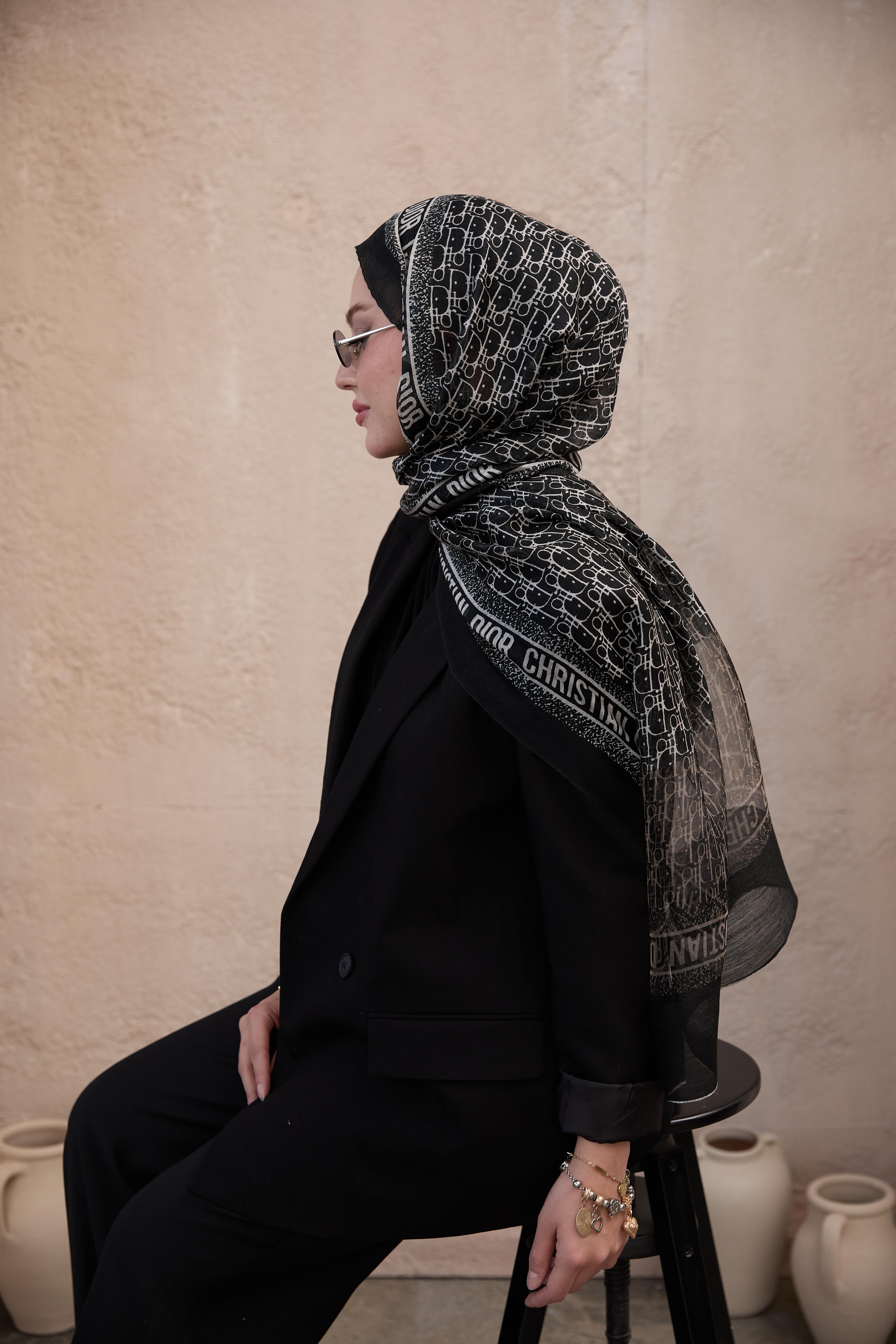 D Model Yün İpek Organze Şal Siyah