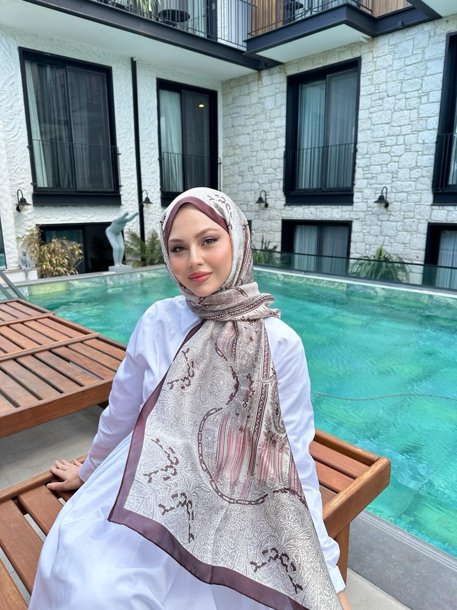 Etnik Desen Vual İpek Şal Kahverengi