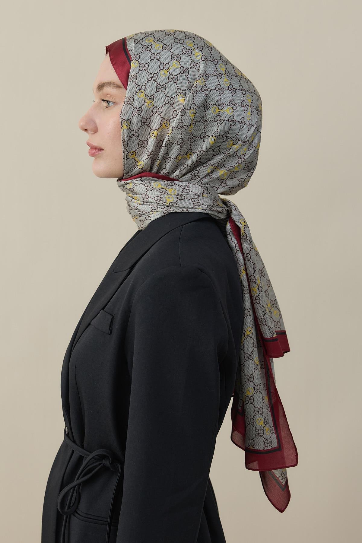 Kelepçe Desen İpek Vual Şal Bordo