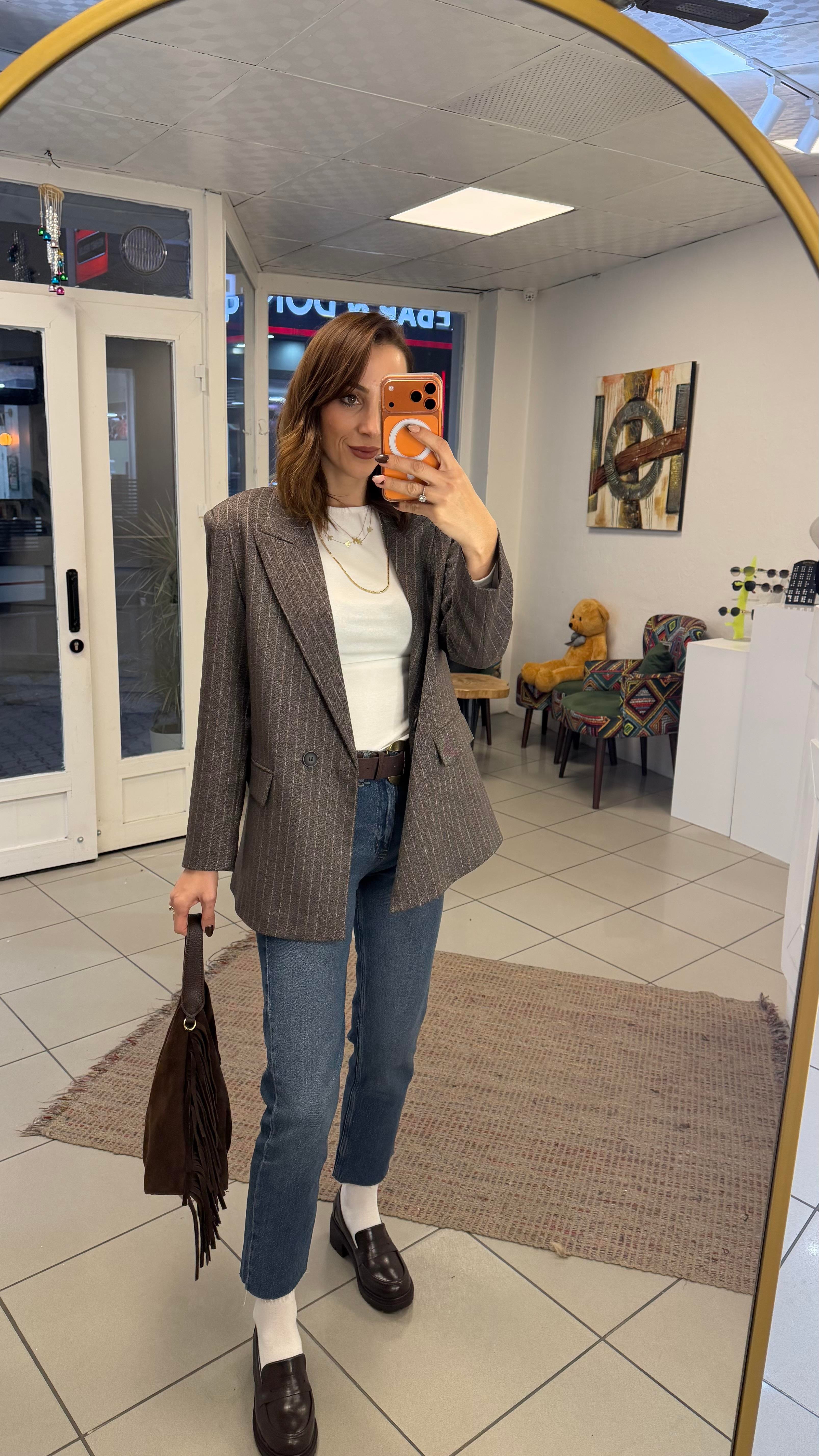 CEKET - ŞENİZ BUTİK ÇİZGİLİ BLAZER CEKET KAHVE