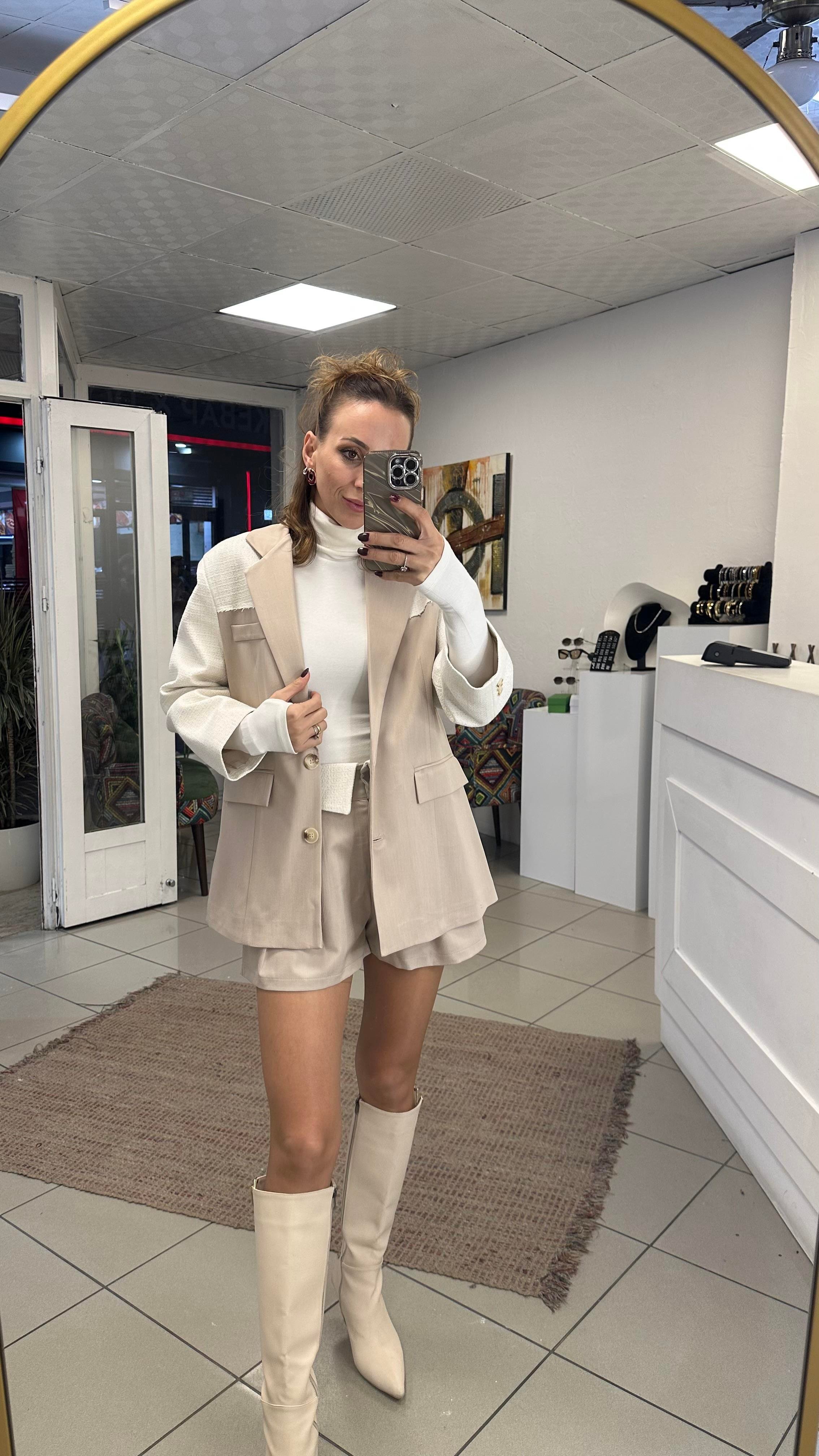 CEKET - ŞENİZ BUTİK KRUVAZE YAKA DOKULU MATCHLİ BLAZER CEKET BEJ