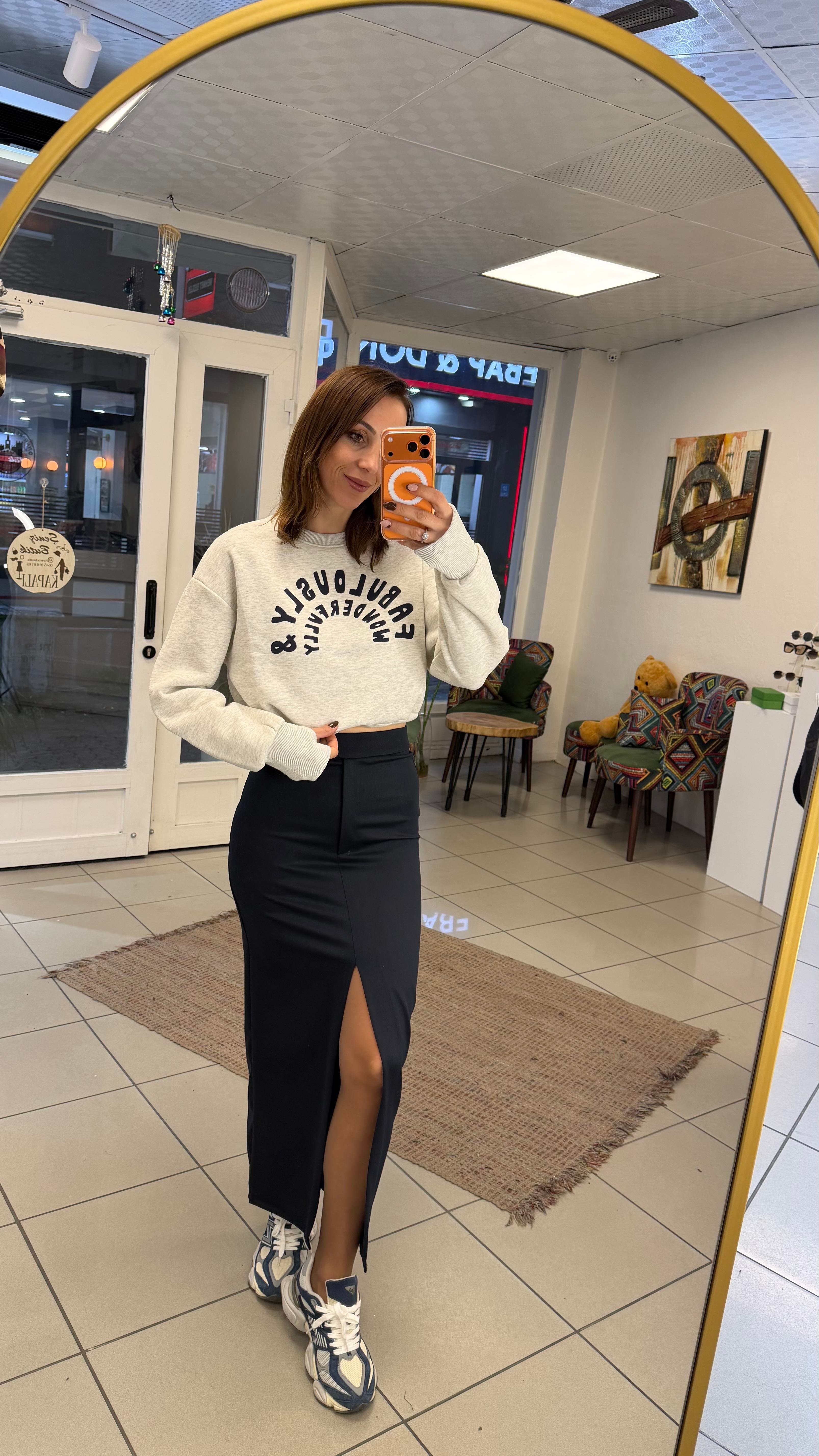 SWEATSHİRT - ŞENİZ BUTİK ALTTAN BÜZMELİ CROP SWEATSHİRT GRİ