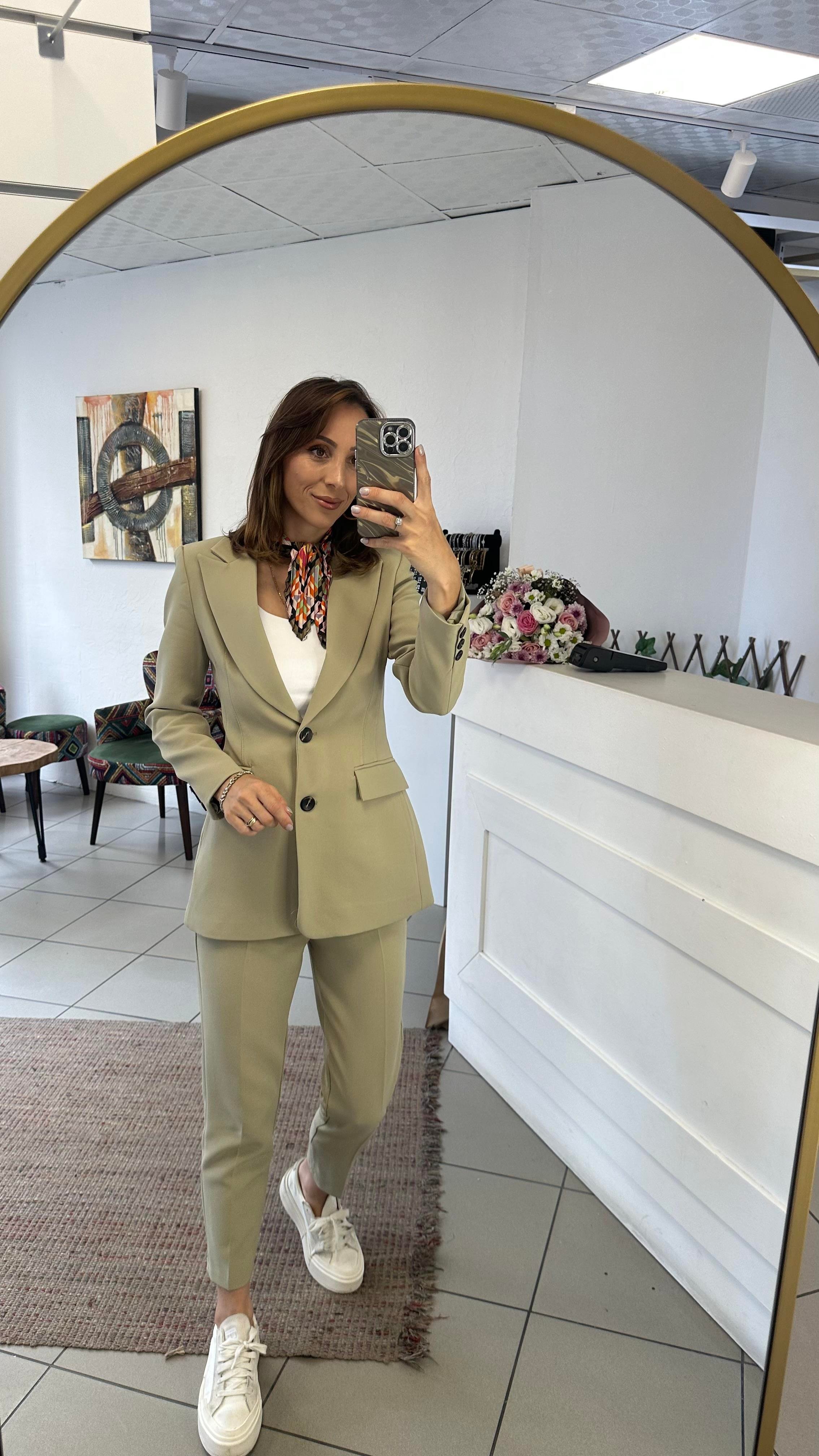 TAKIM - ŞENİZ BUTİK BELDEN OTURTMALI   BLAZER CEKET PANTOLON TAKIM ÇAĞLA YEŞİLİ